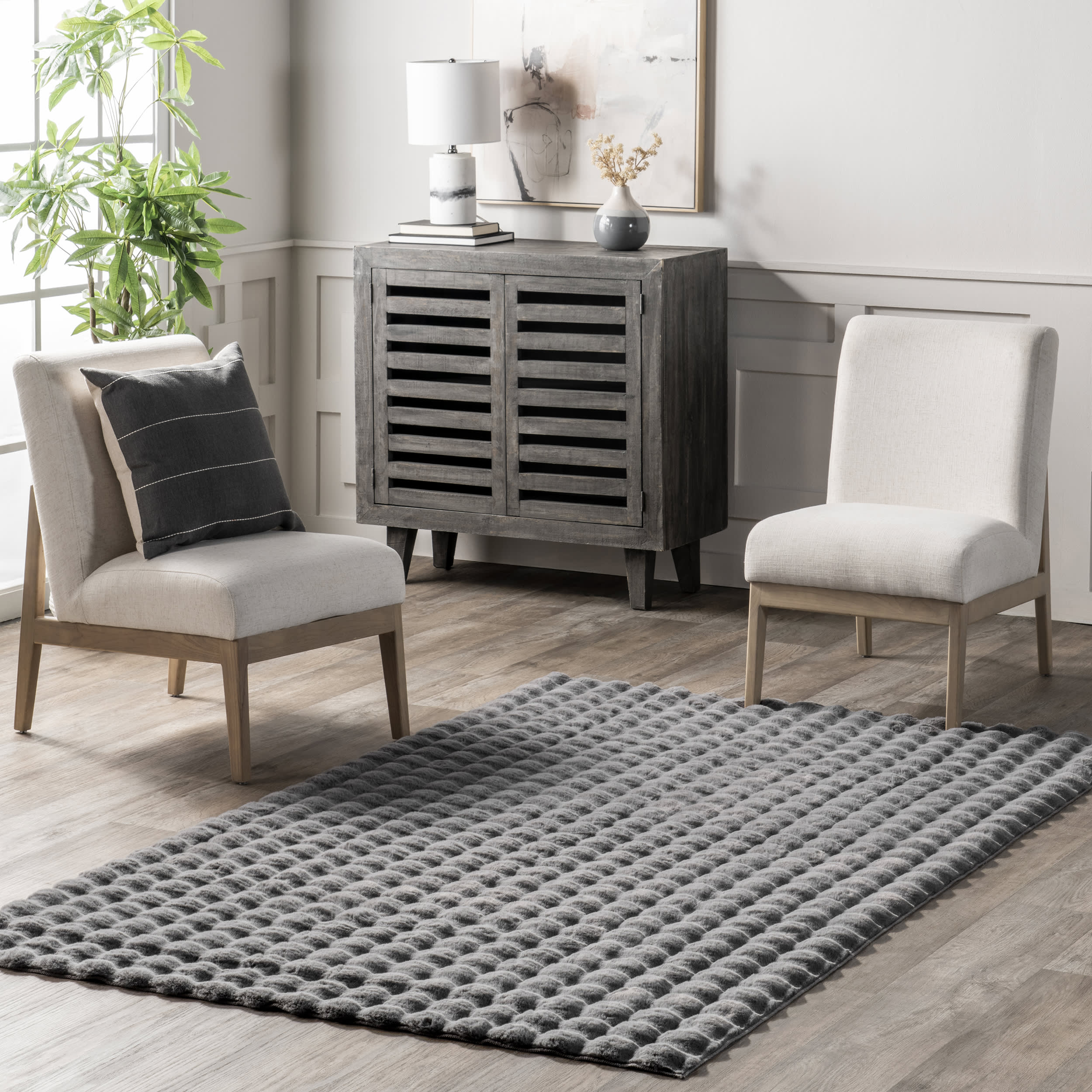 Ivana Checkered Plush Cloud Washable Rug | Dark Grey