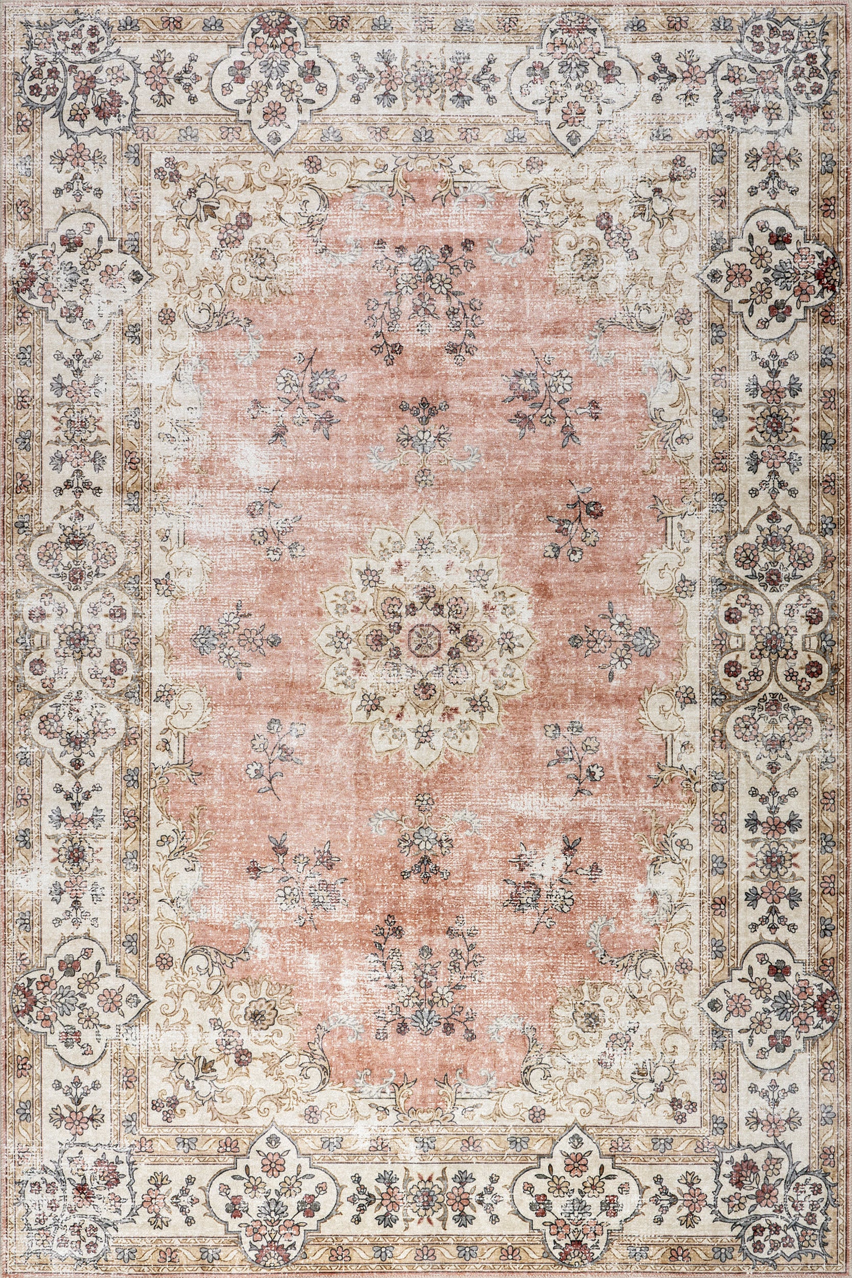 Rosette Medallion Spill Proof Washable Rug | Peach