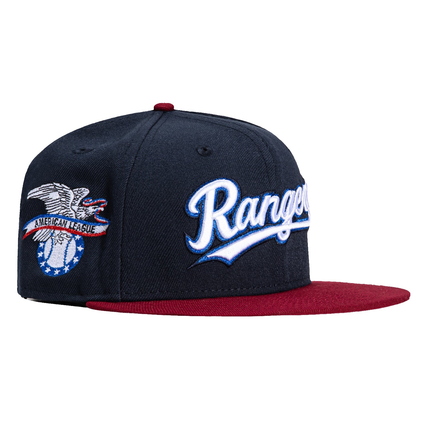 New Era 59Fifty Texas Rangers American League Patch Script Hat - Navy, Cardinal