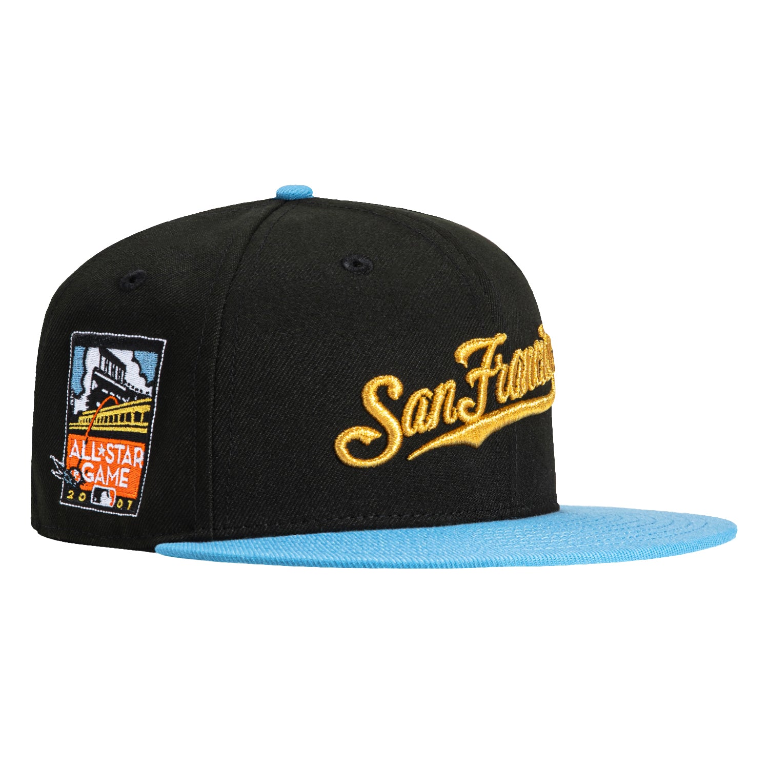 New Era 59Fifty San Francisco Giants 2007 All Star Game Patch Script Hat - Black, Light Blue, Metallic Gold