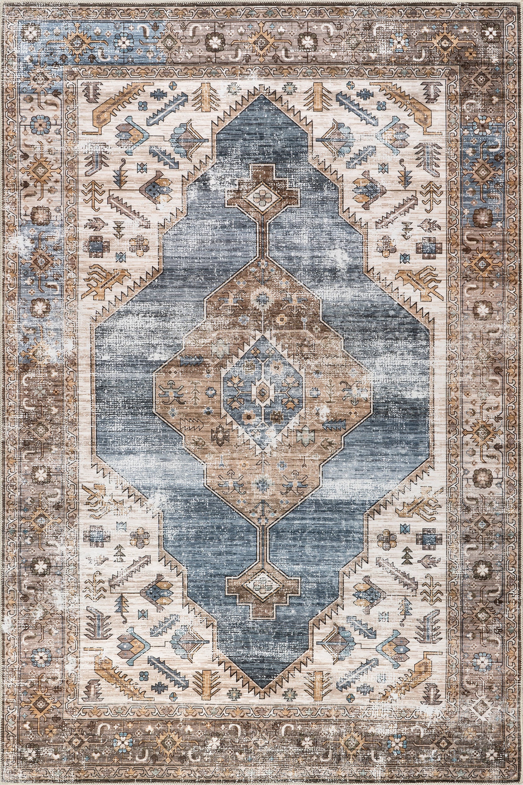 Native Iris Medallion Spill Proof Washable Rug | Blue