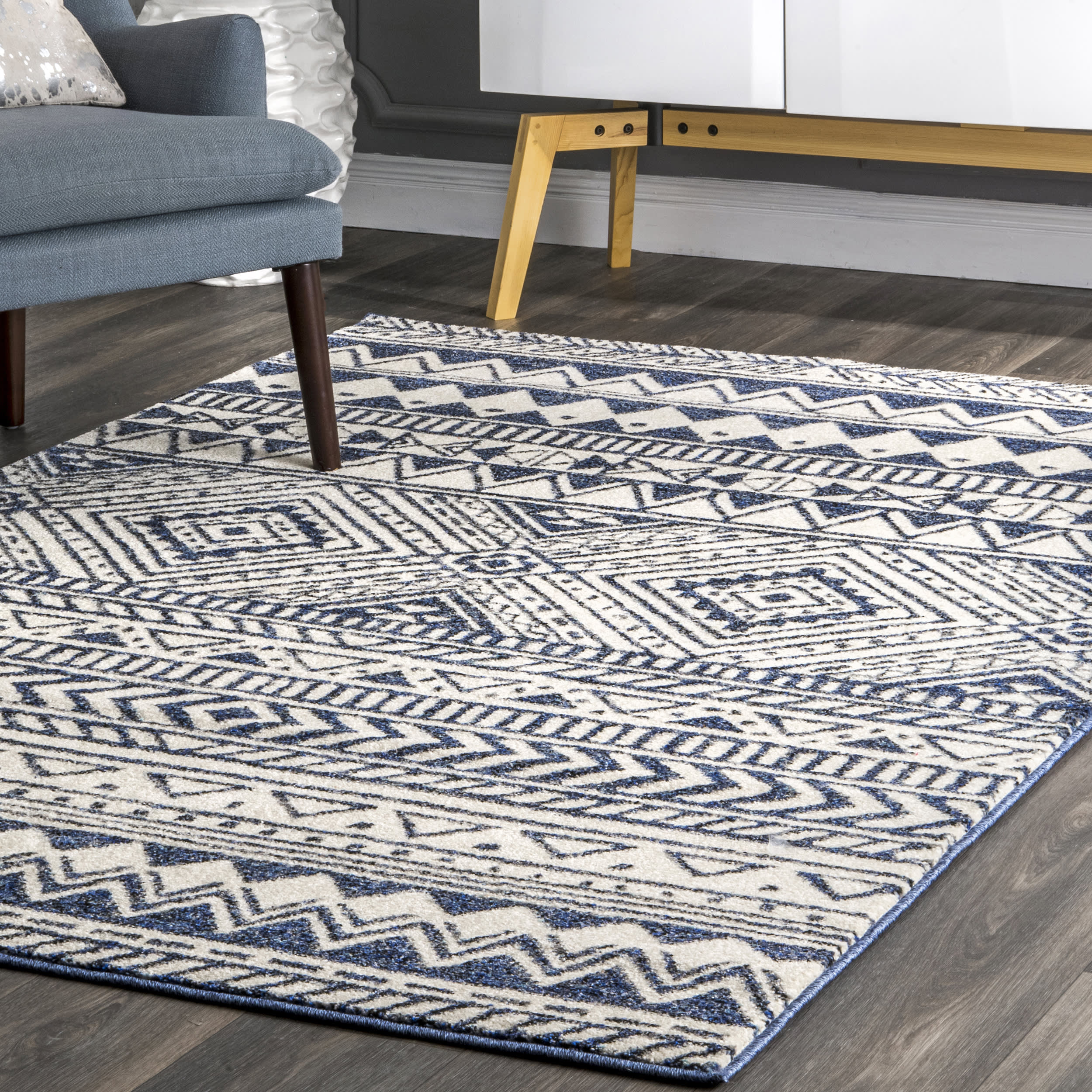 Banded Geometric Rug | Navy