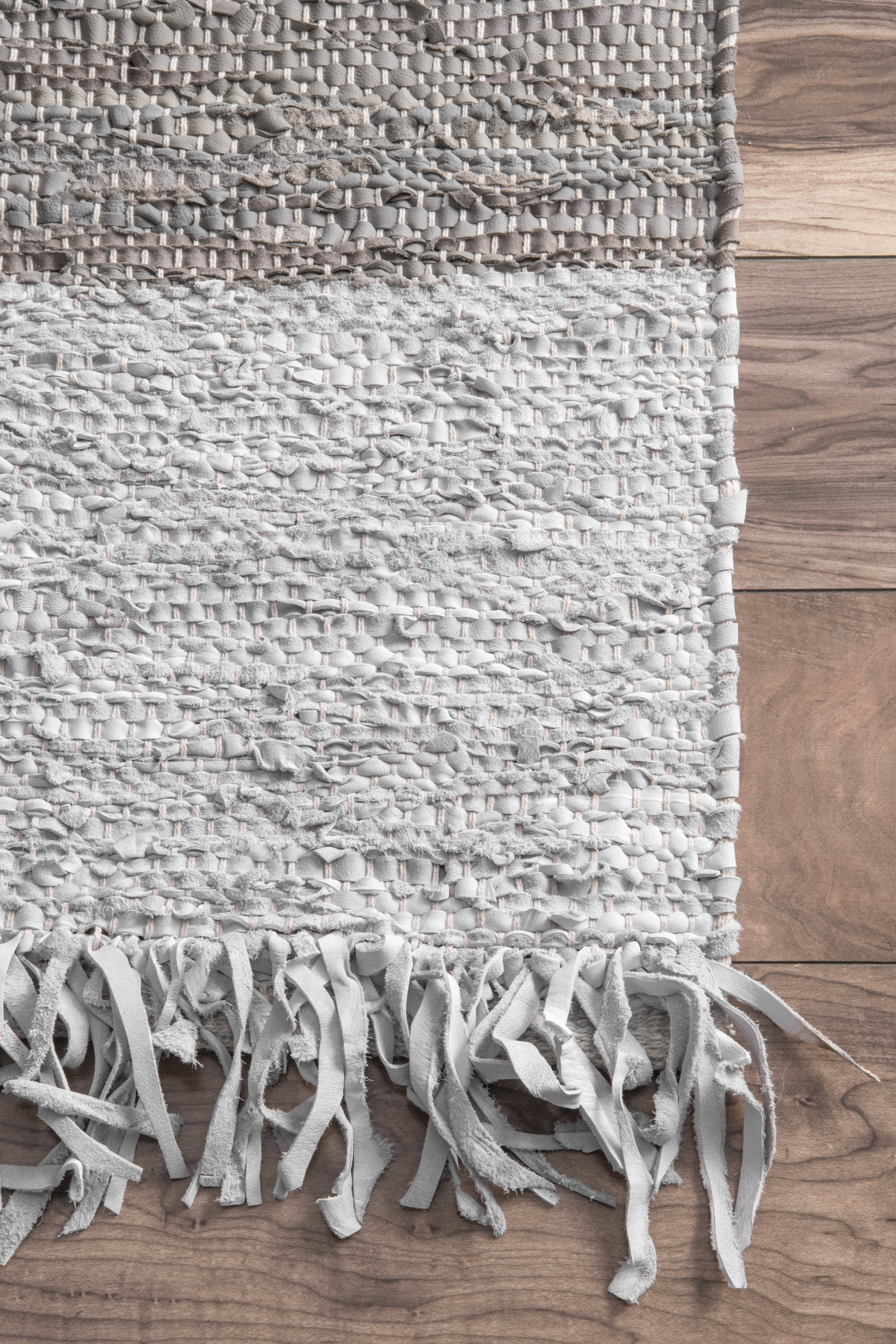 Bordered Leather Tassel Rug | Grey