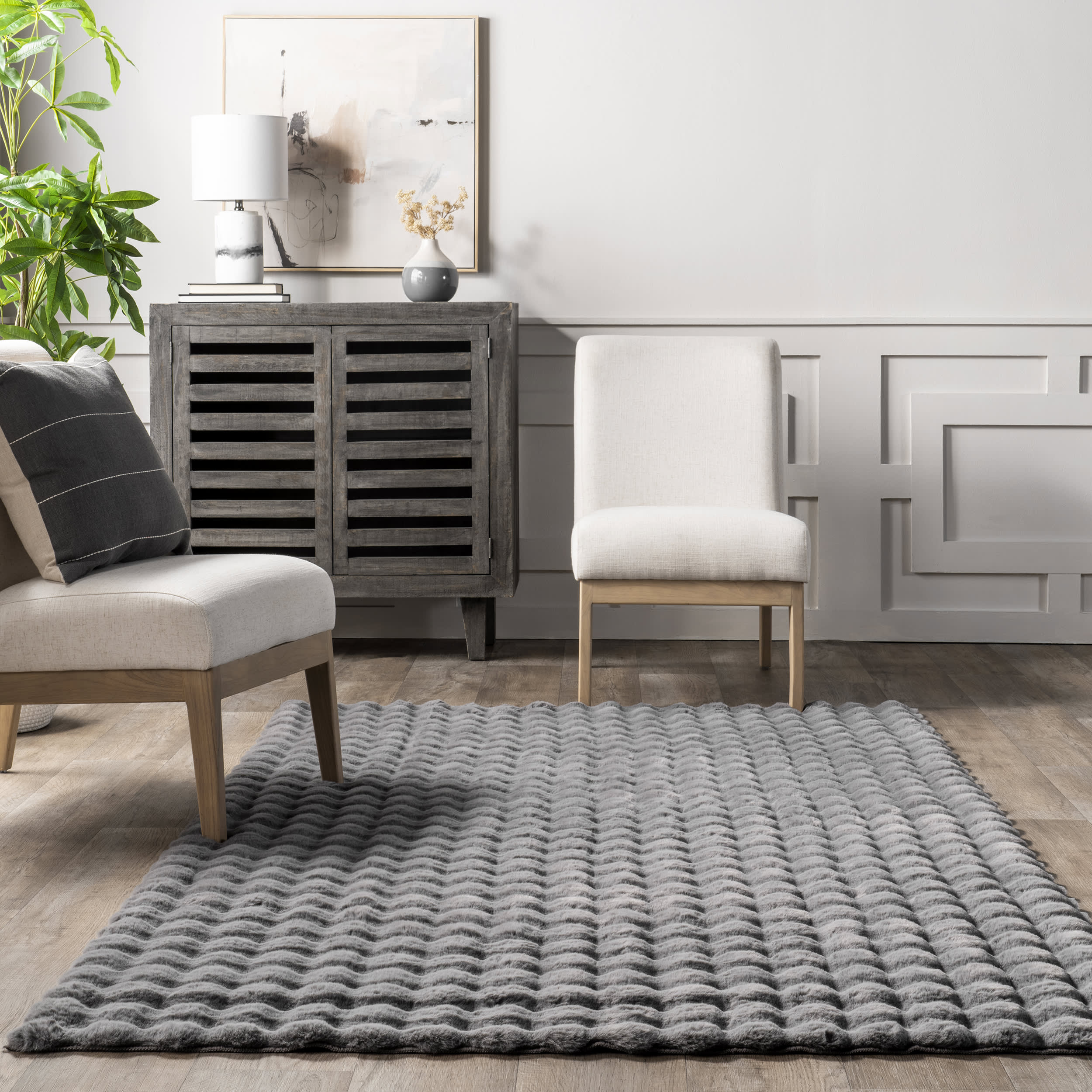 Ivana Checkered Plush Cloud Washable Rug | Dark Grey