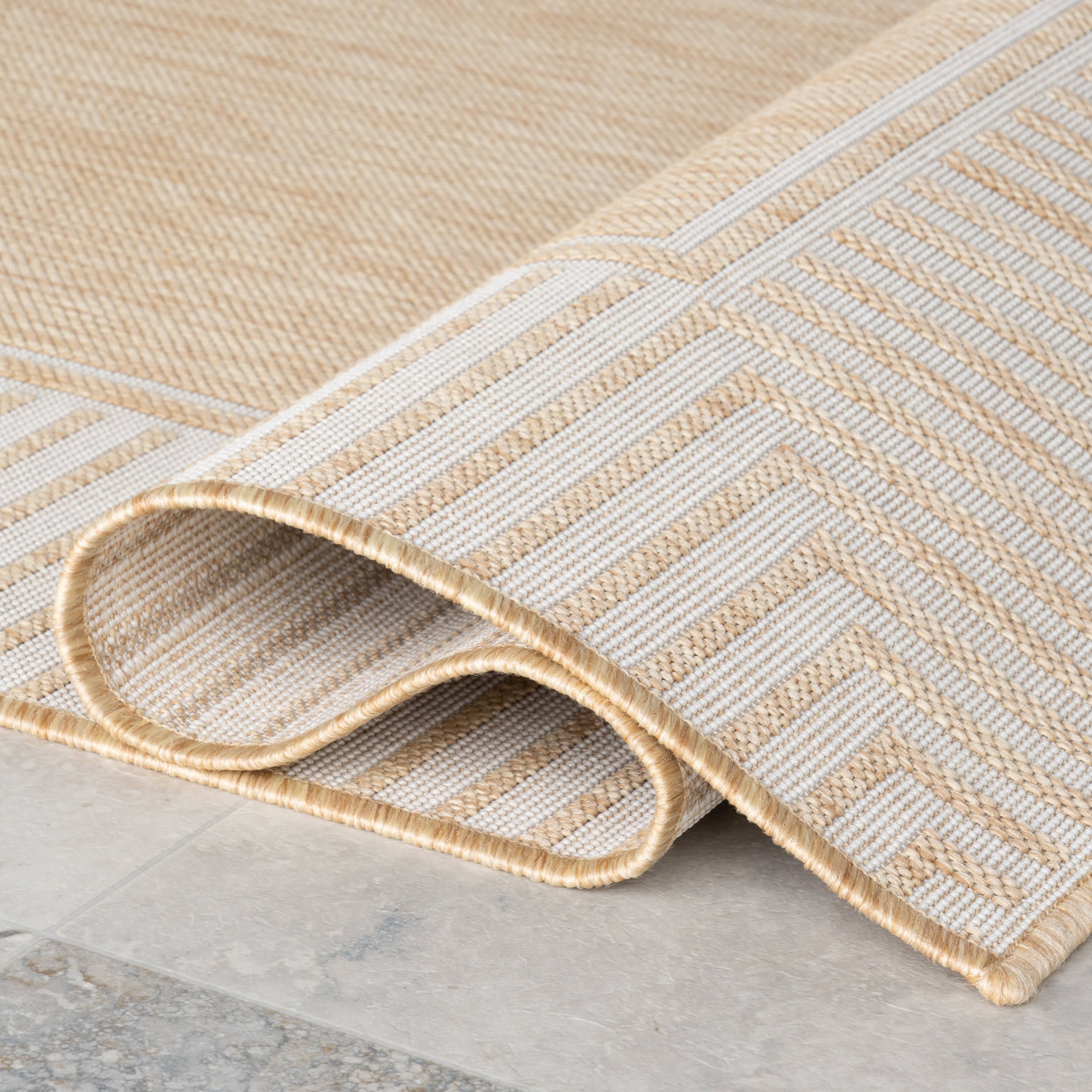 Striped Border Indoor/Outdoor Flatweave Rug | Tan