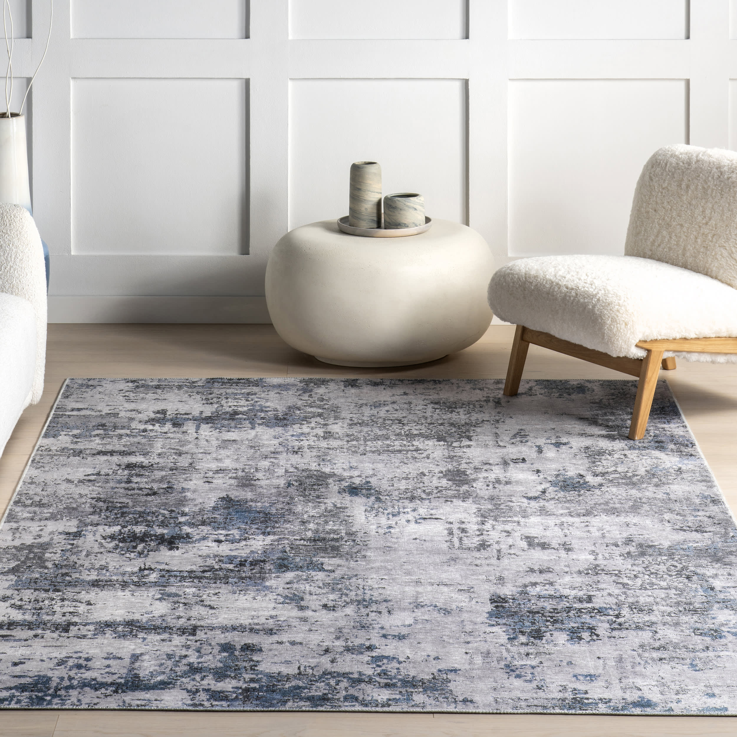 Faded Abstract Spill Proof Washable Rug | Blue Grey