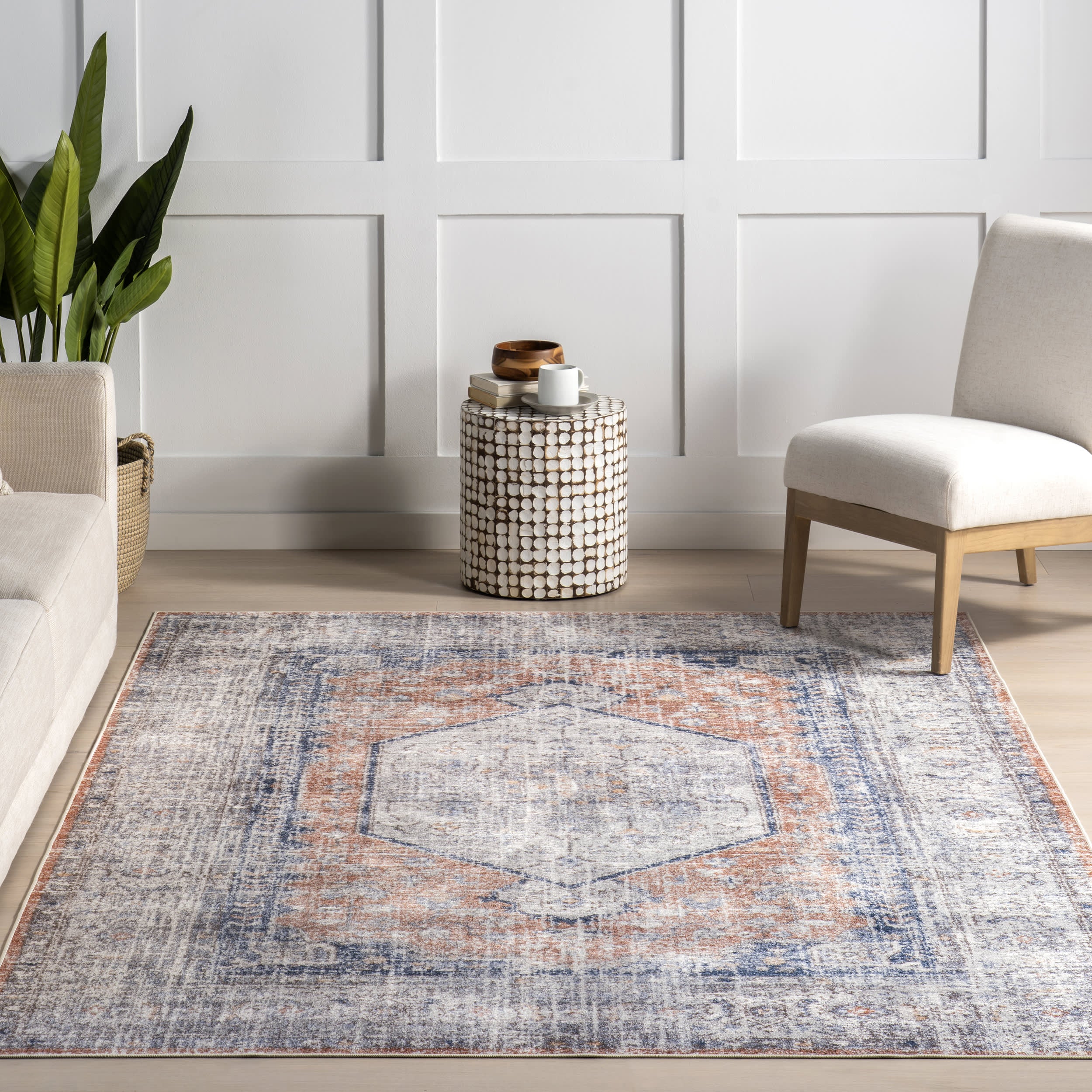 Vintage Medallion Spill Proof Washable Rug | Peach