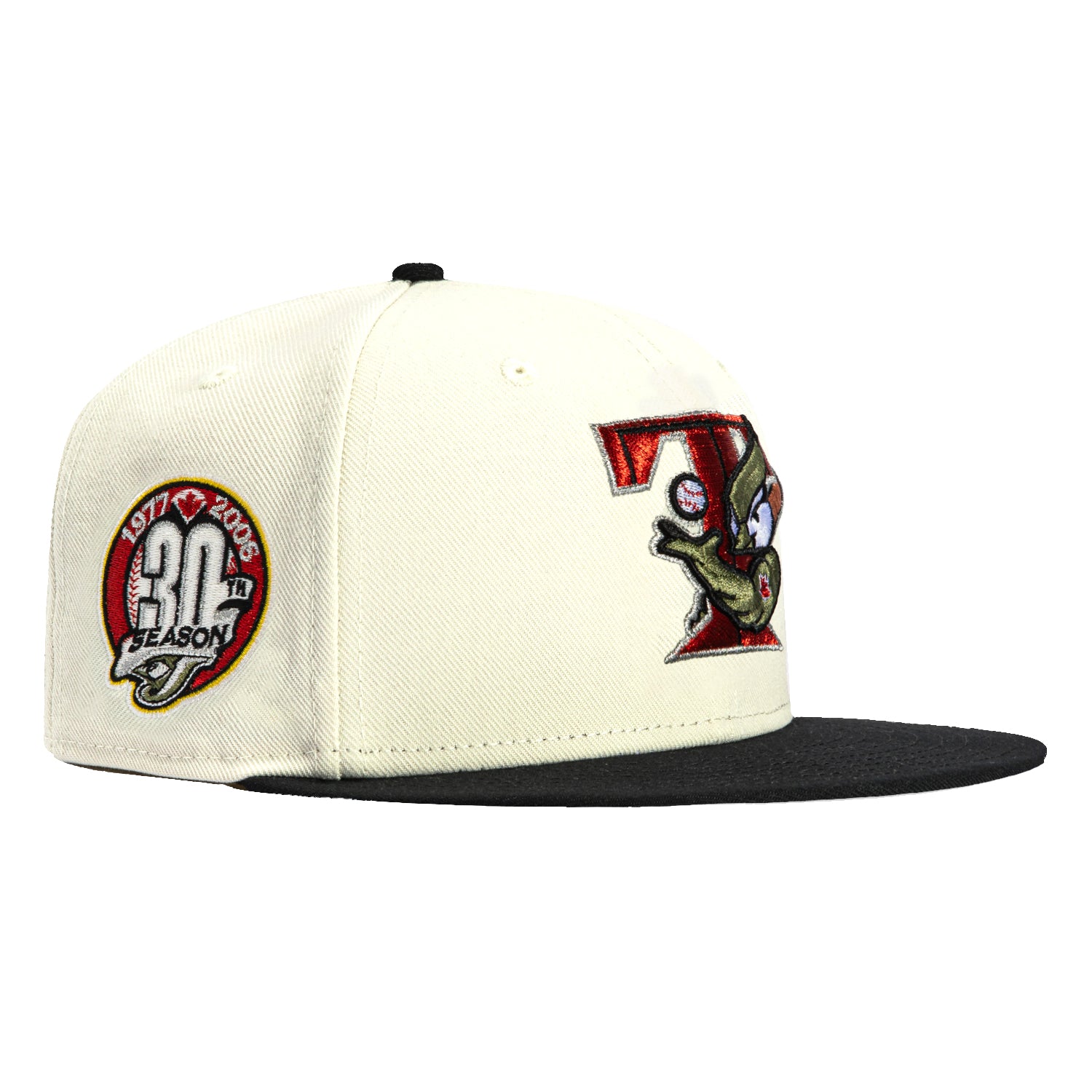 New Era 59Fifty Prehistoric Pack Toronto Blue Jays 30th Anniversary Patch Hat - White, Black, Red, Olive