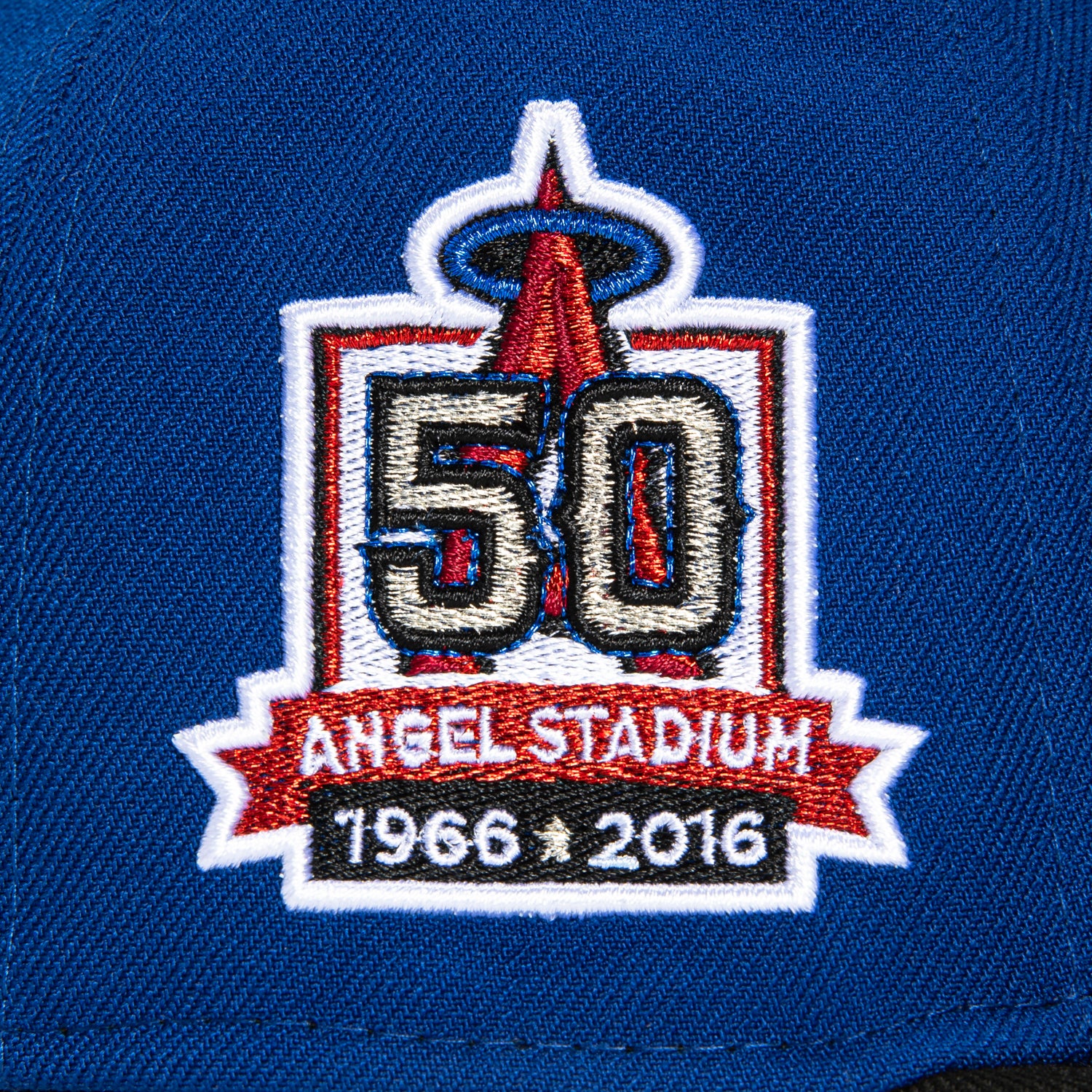 New Era 59Fifty Los Angeles Angels 50th Anniversary Stadium Patch Upside Down Hat - Royal, Black, Metallic Silver, Red