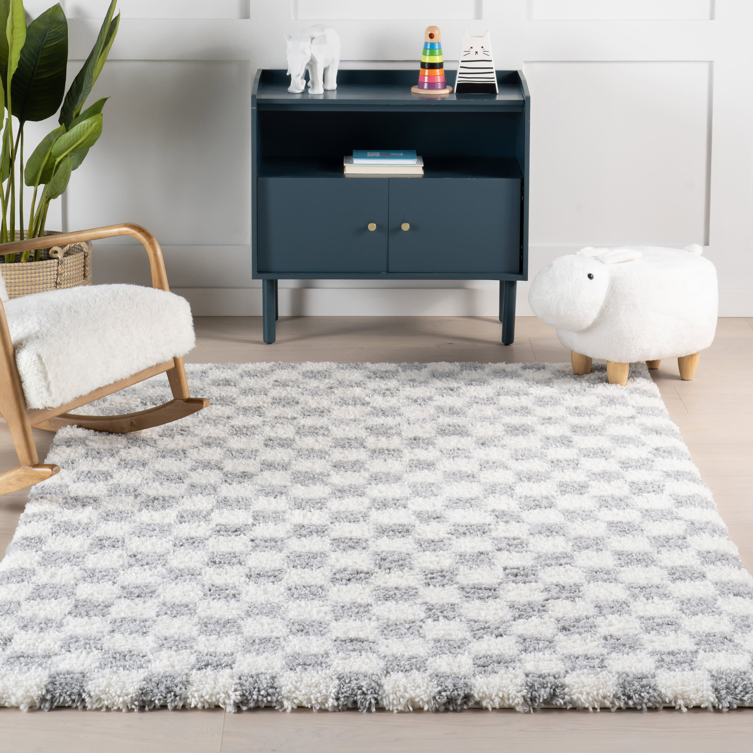 Bettie Retro Checkered Shag Rug | Light Grey