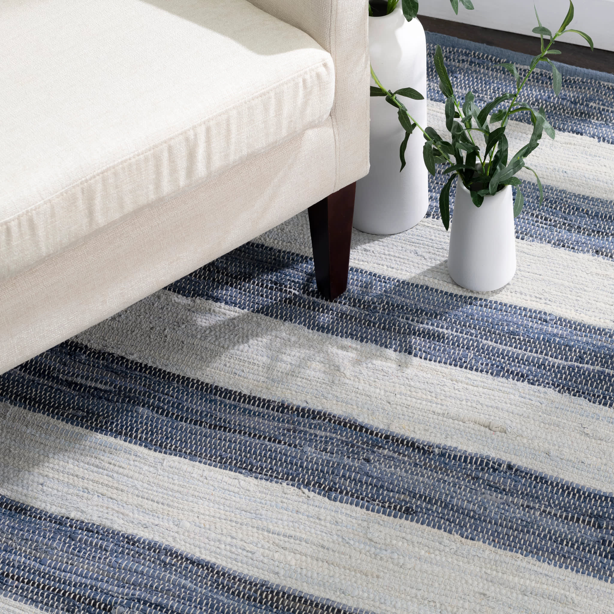 Striped Rag Denim Handwoven Cotton Rug