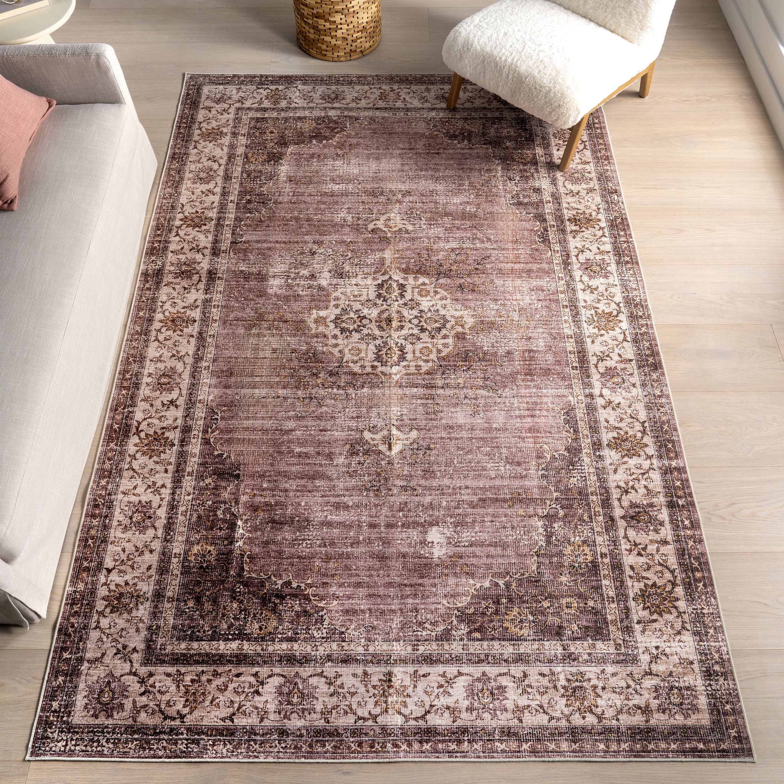 Rosewood Vintage Spill Proof Washable Rug | Blush