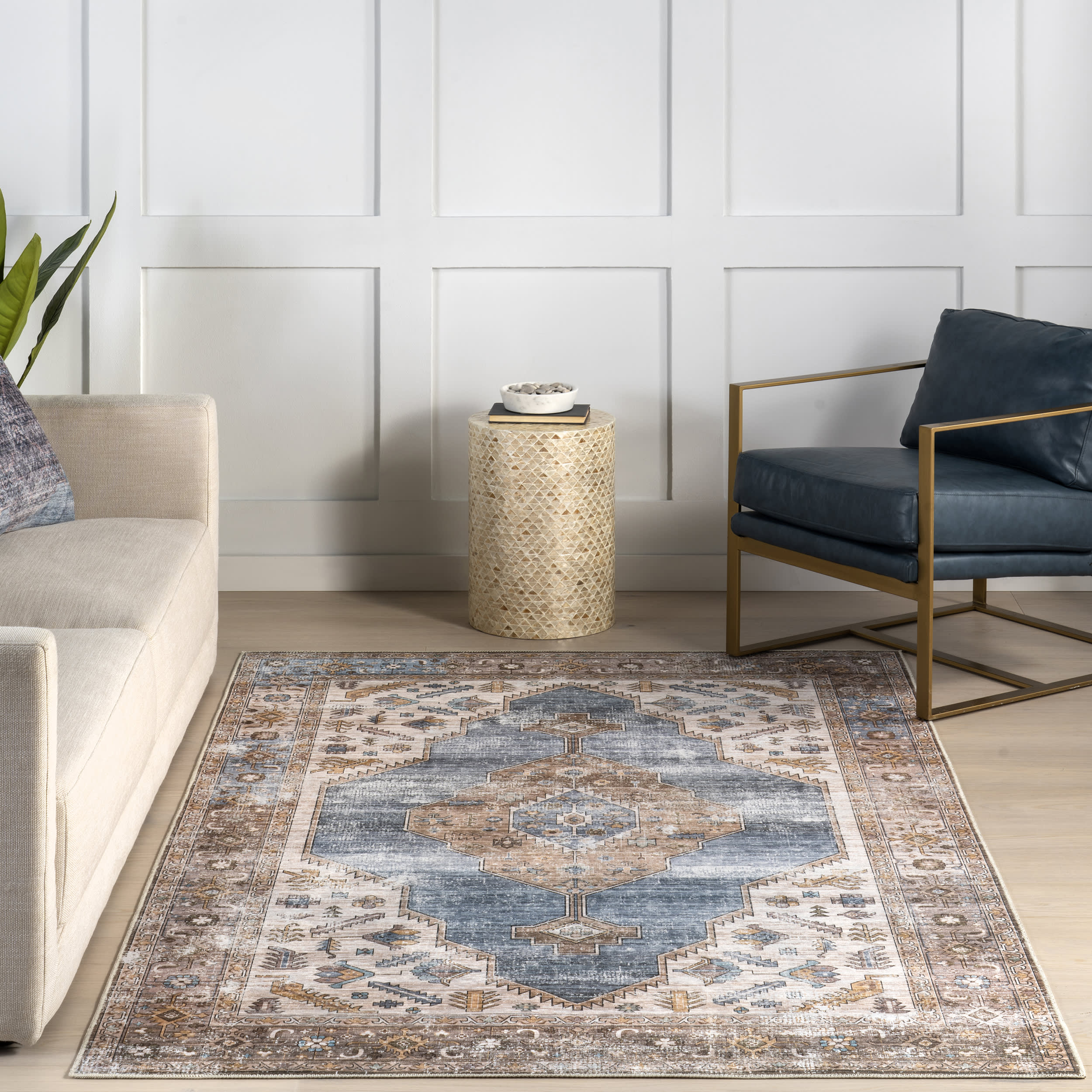 Native Iris Medallion Spill Proof Washable Rug | Blue