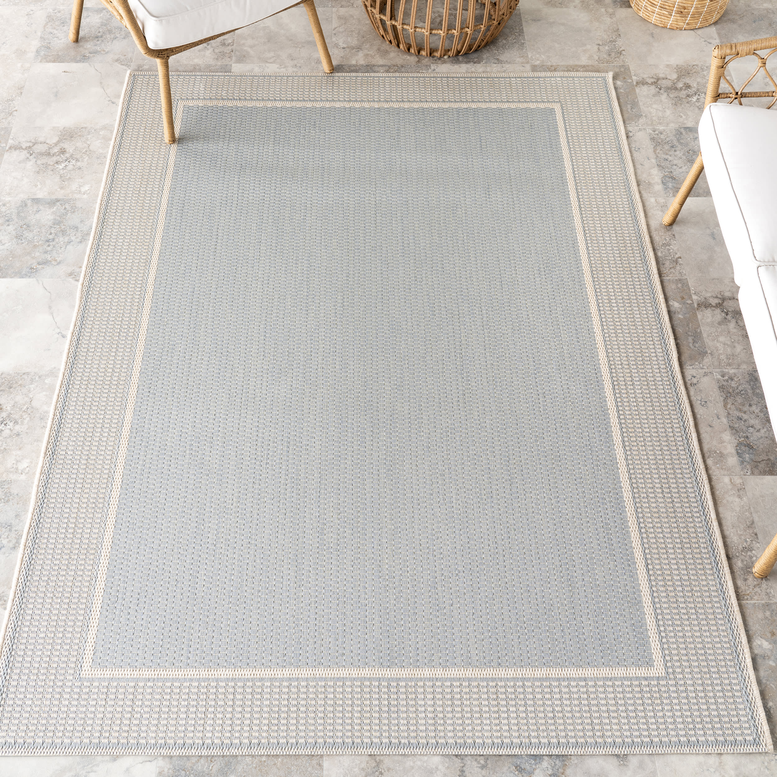 Monochrome Bordered Indoor/Outdoor Rug | Slate Blue