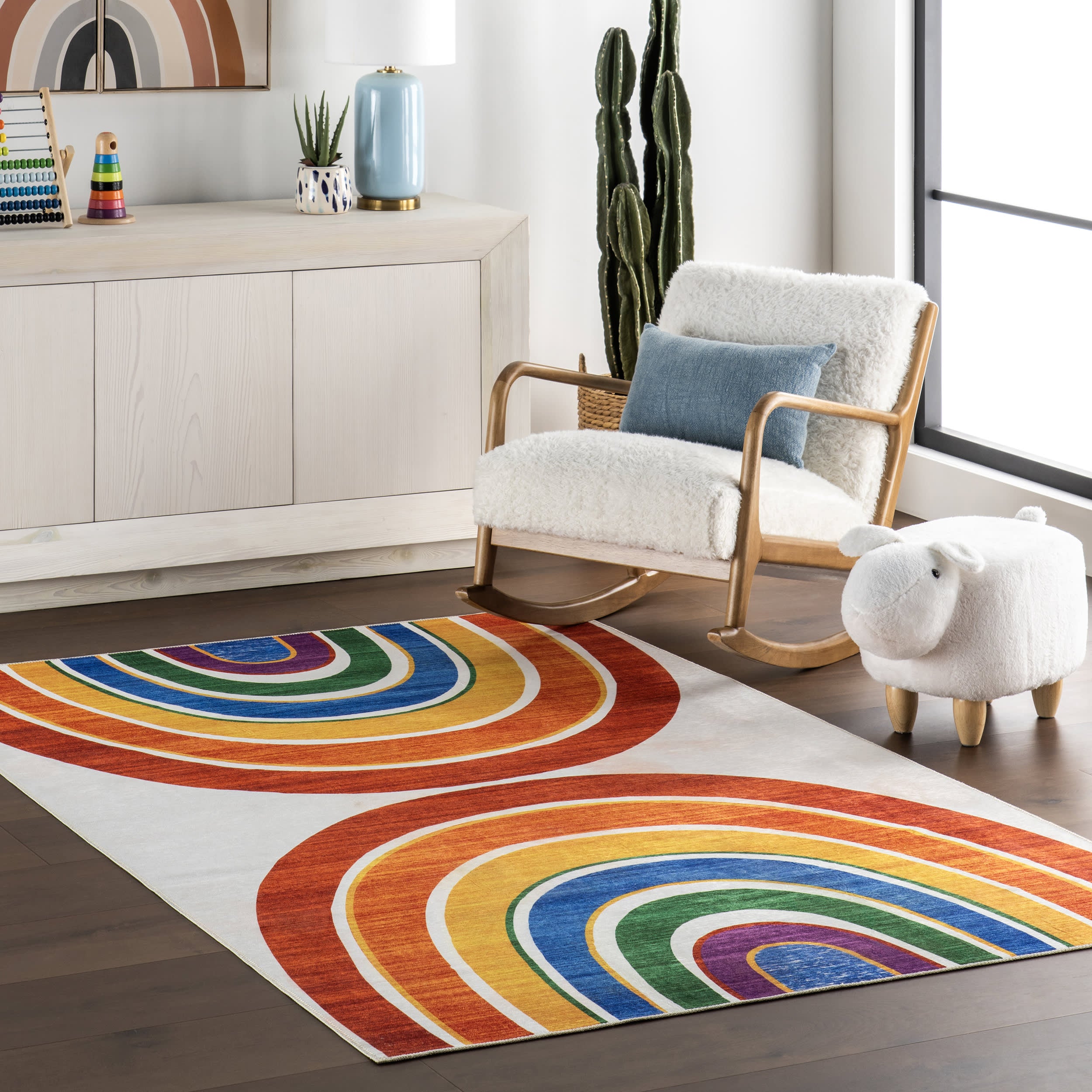 Matilda Kids Spill Proof Washable Double Rainbow Rug | White Multicolor