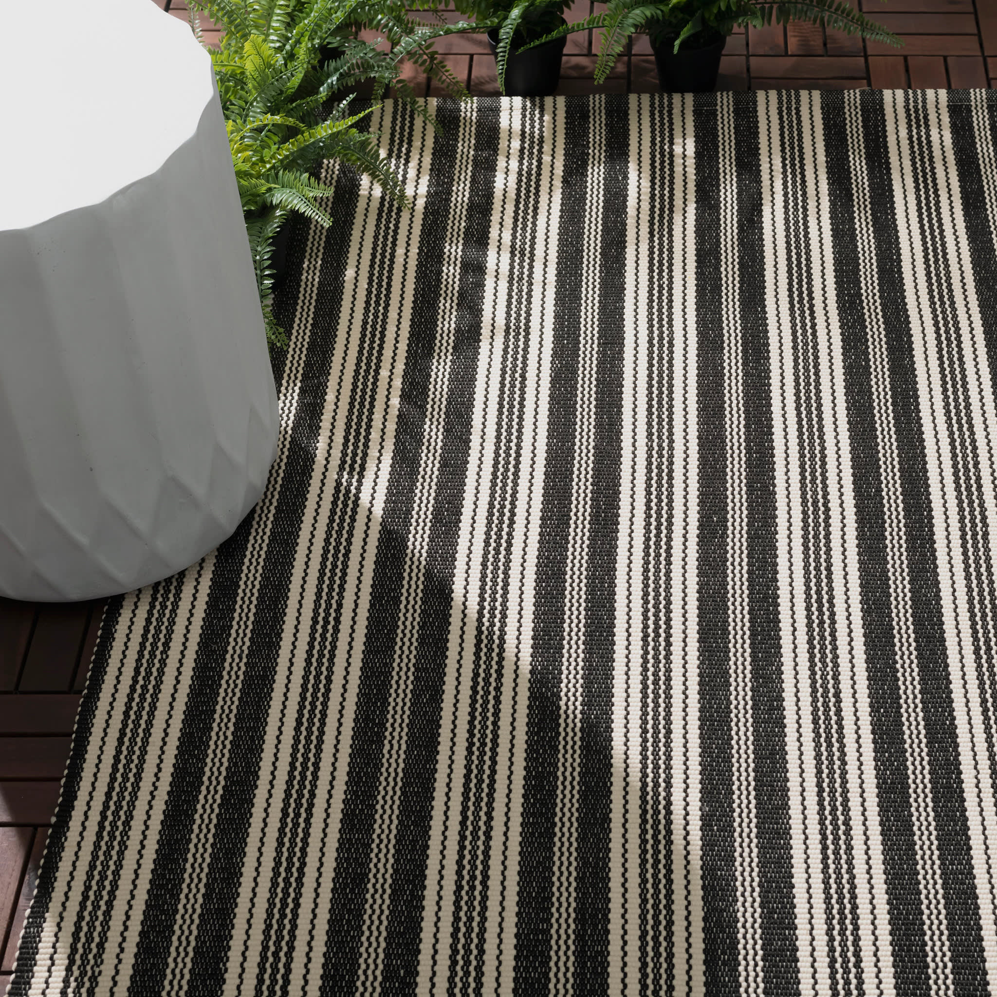 Ticking Stripe Black/Ivory Handwoven Indoor/Outdoor Rug