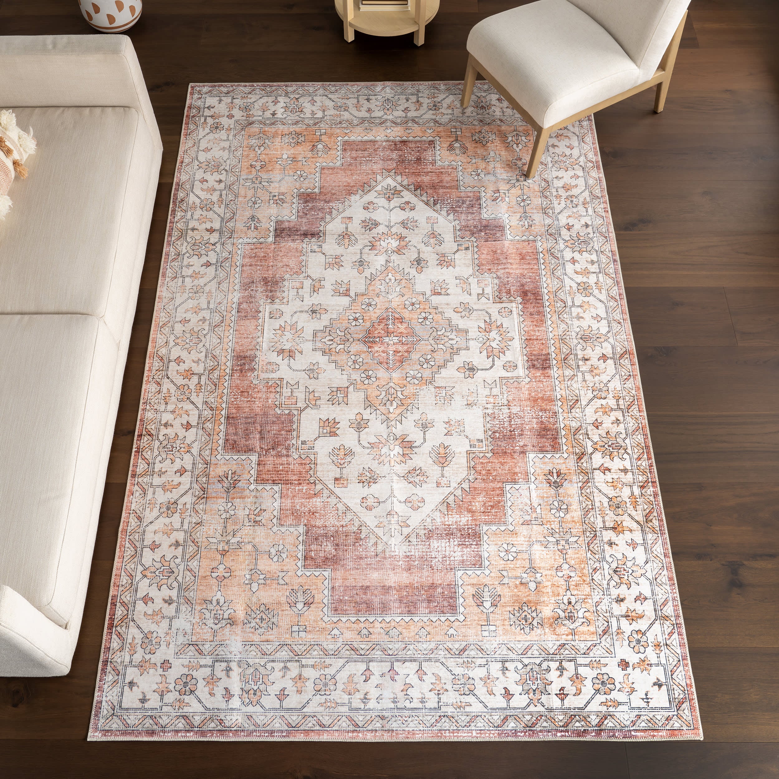 Maria Oasis Medallion Spill Proof Washable Rug | Rust