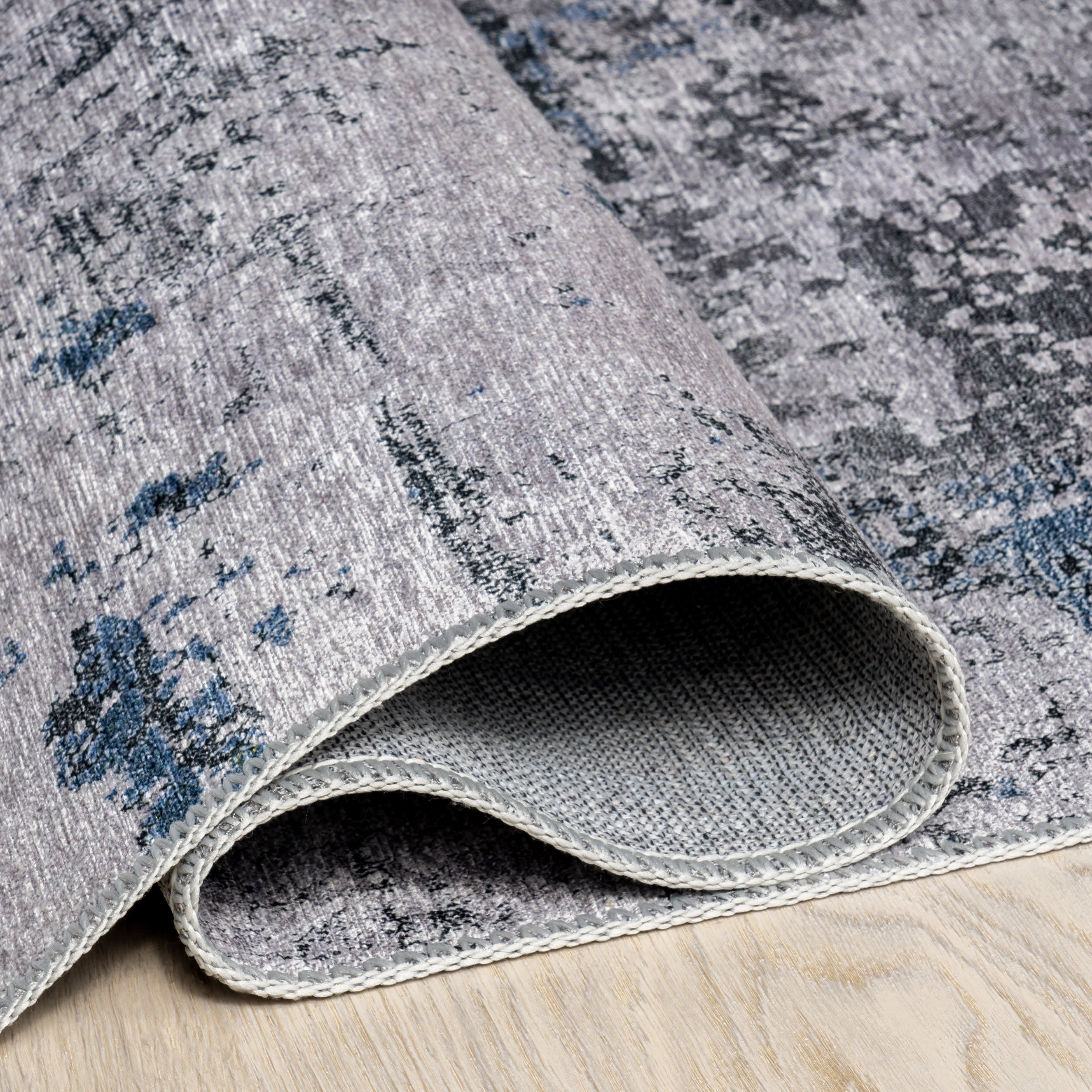 Faded Abstract Spill Proof Washable Rug | Blue Grey