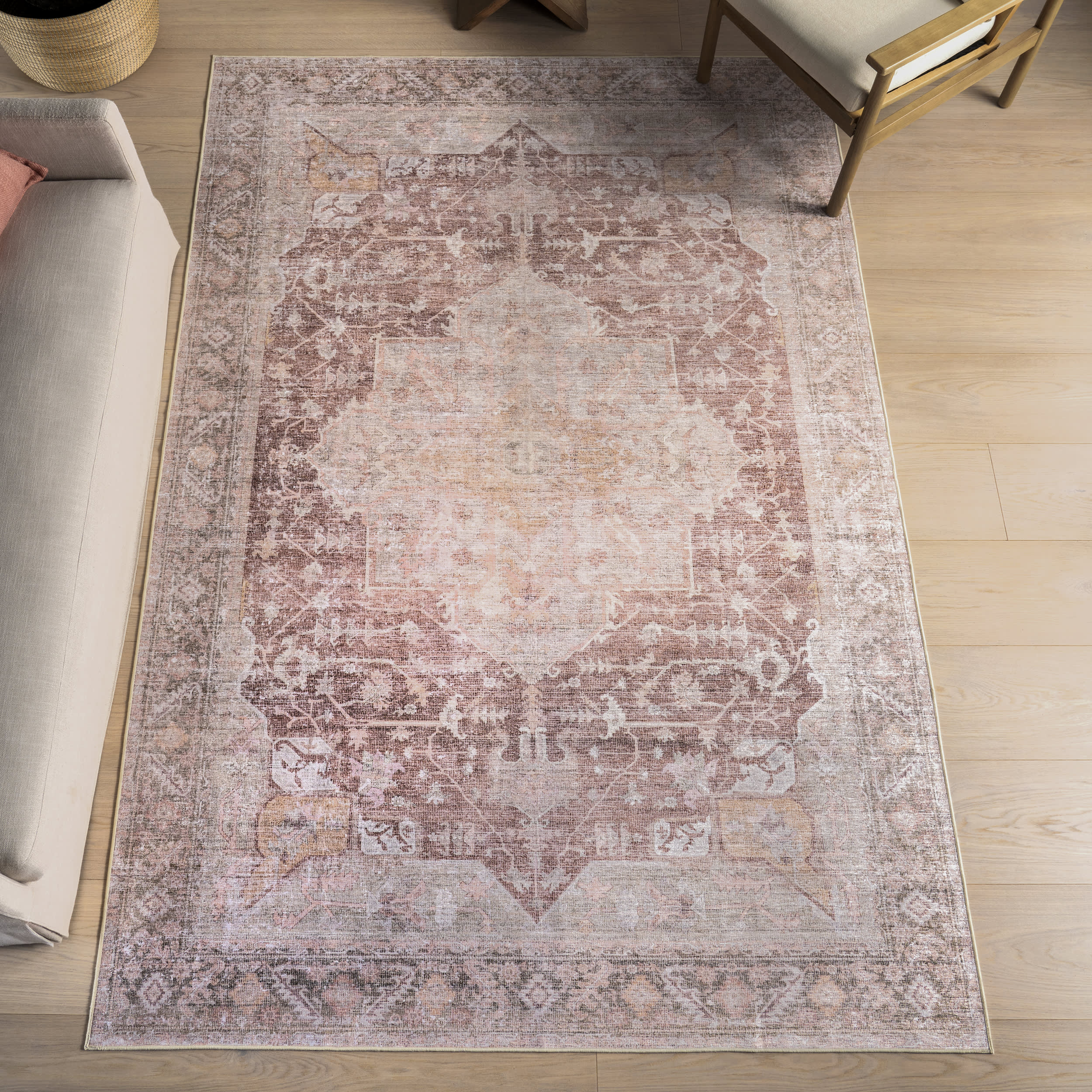 Ava Vintage Persian Spill Proof Washable Rug | Pale Pink