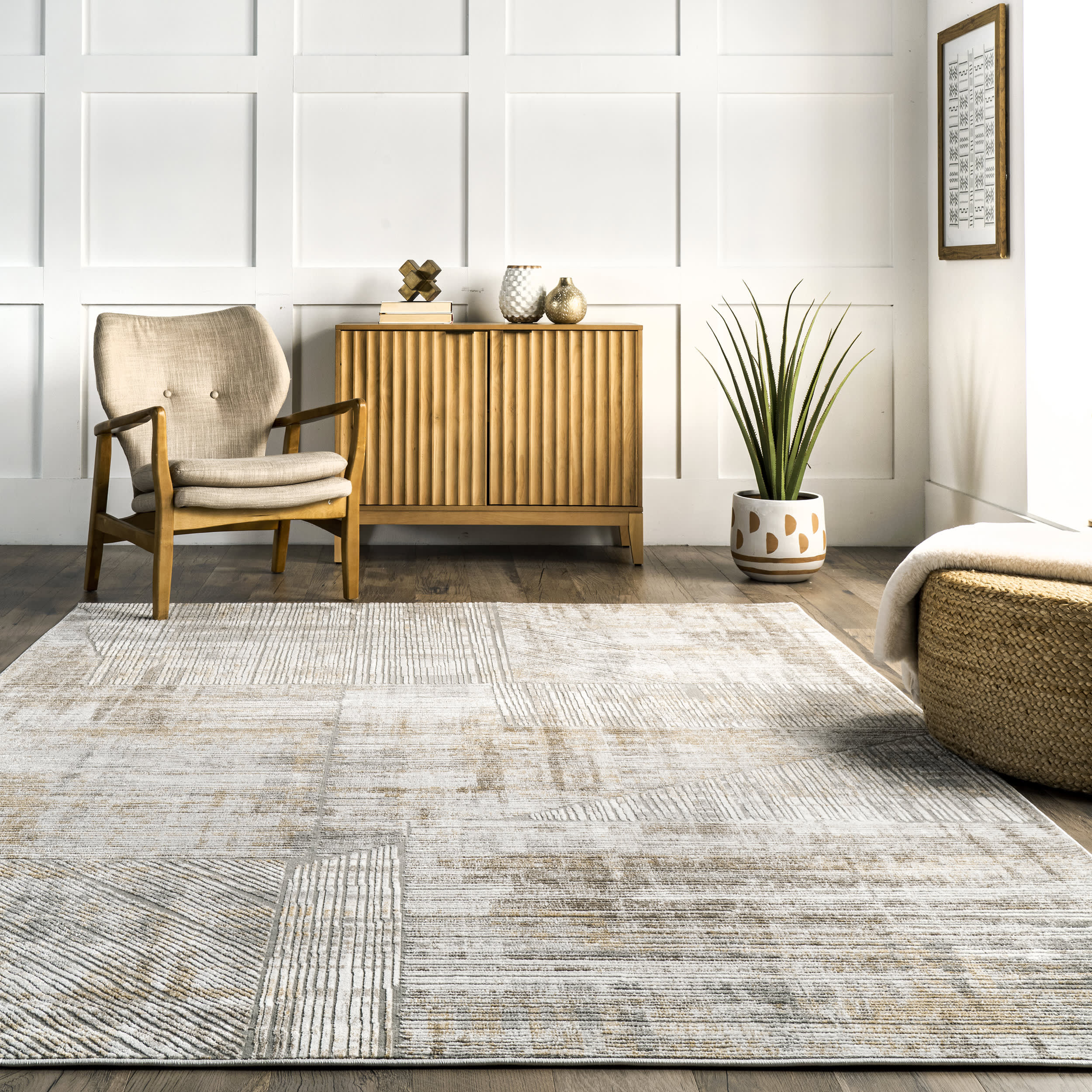 Cindy Collaged Pinstriped Rug | Beige