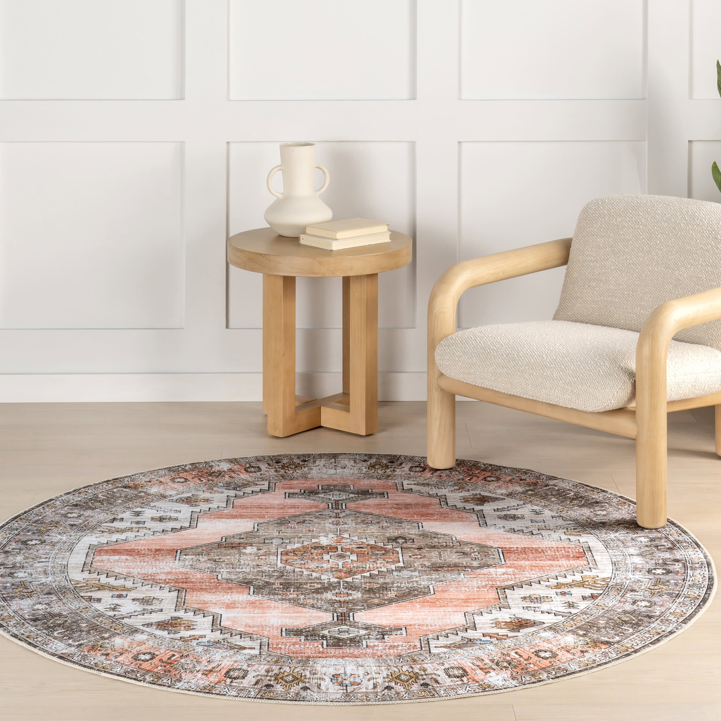 Native Iris Medallion Spill Proof Washable Rug | Peach