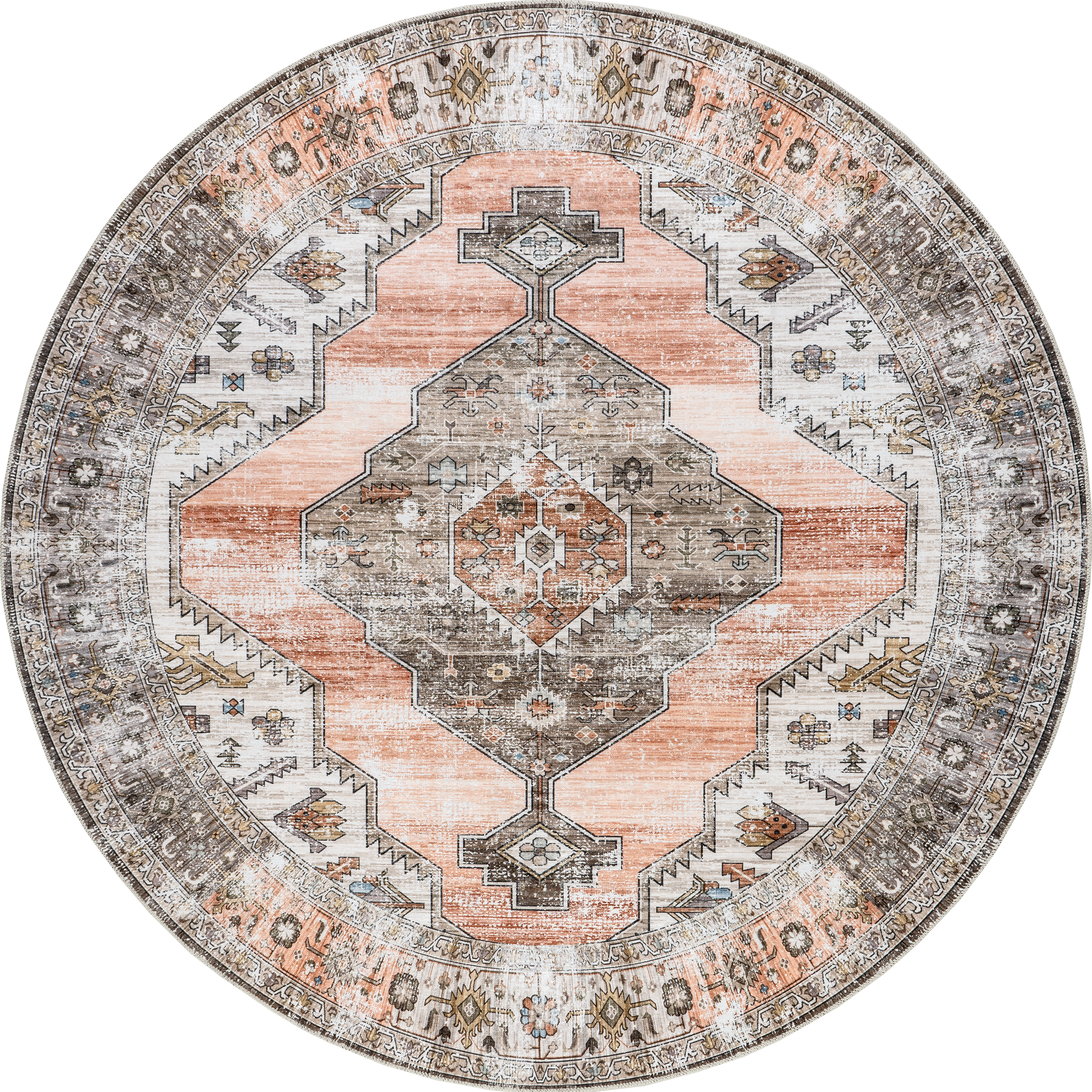 Native Iris Medallion Spill Proof Washable Rug | Peach