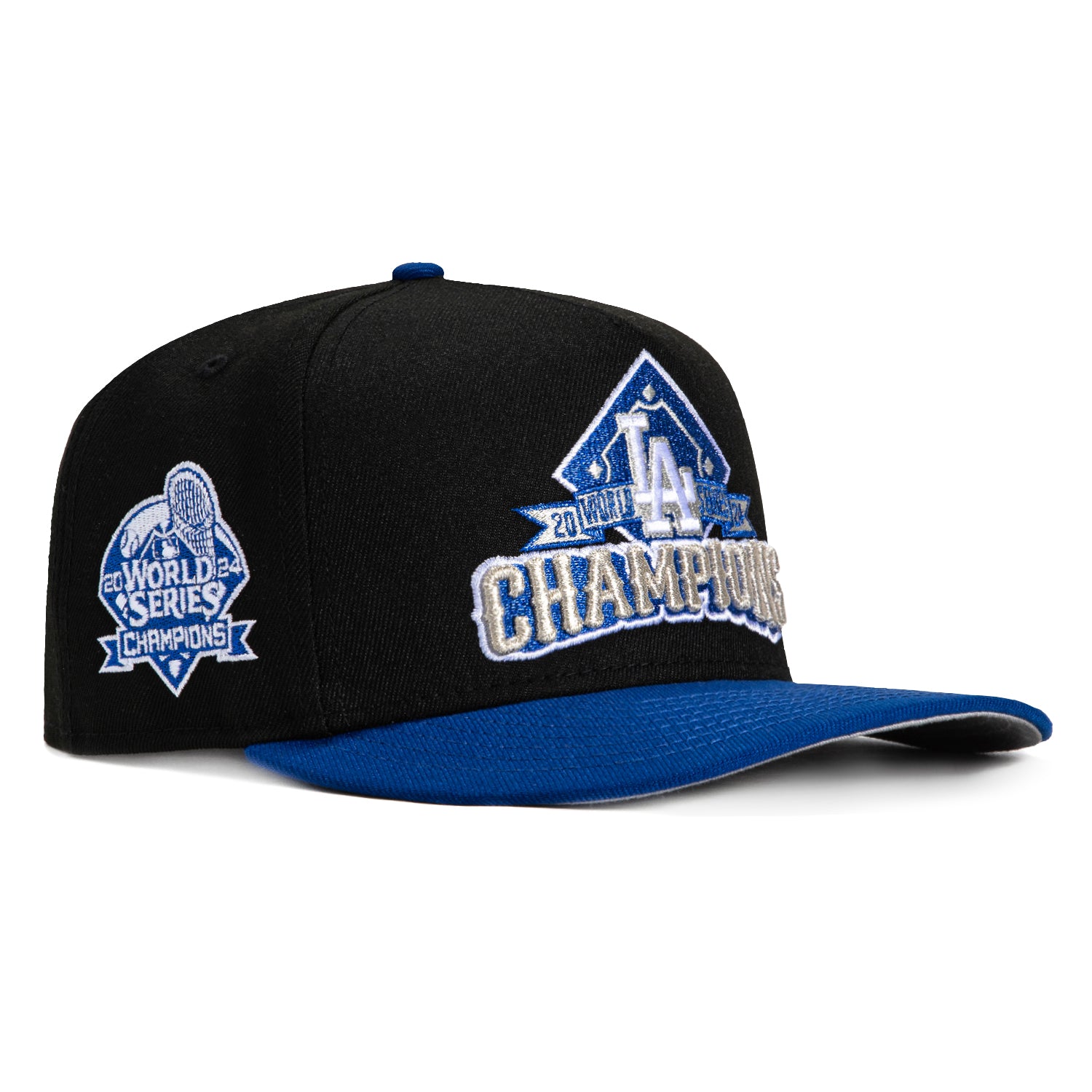 New Era 9Fifty A-Frame Los Angeles Dodgers 2024 World Series Champions Patch Snapback Logo Hat - Black, Royal