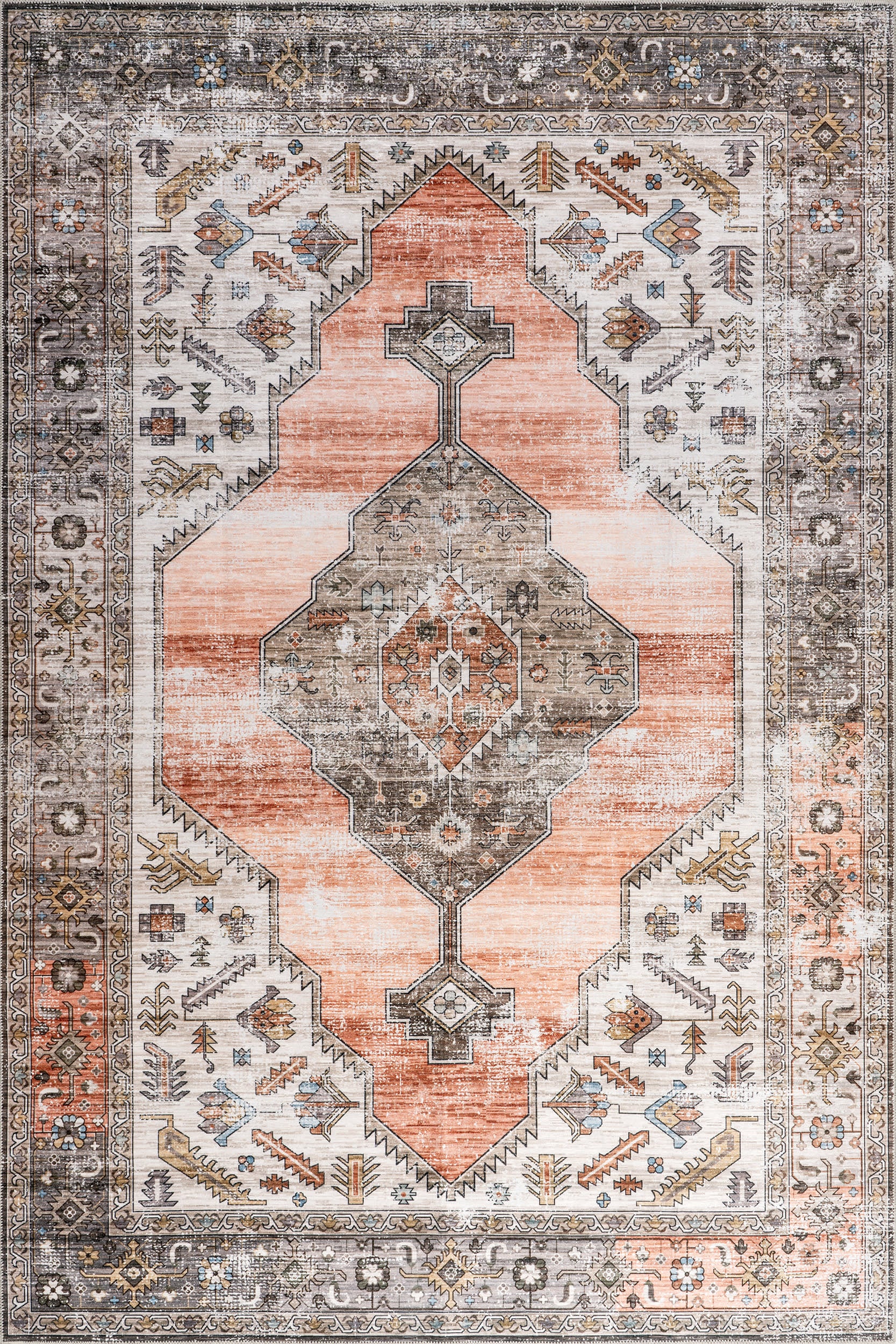 Native Iris Medallion Spill Proof Washable Rug | Peach