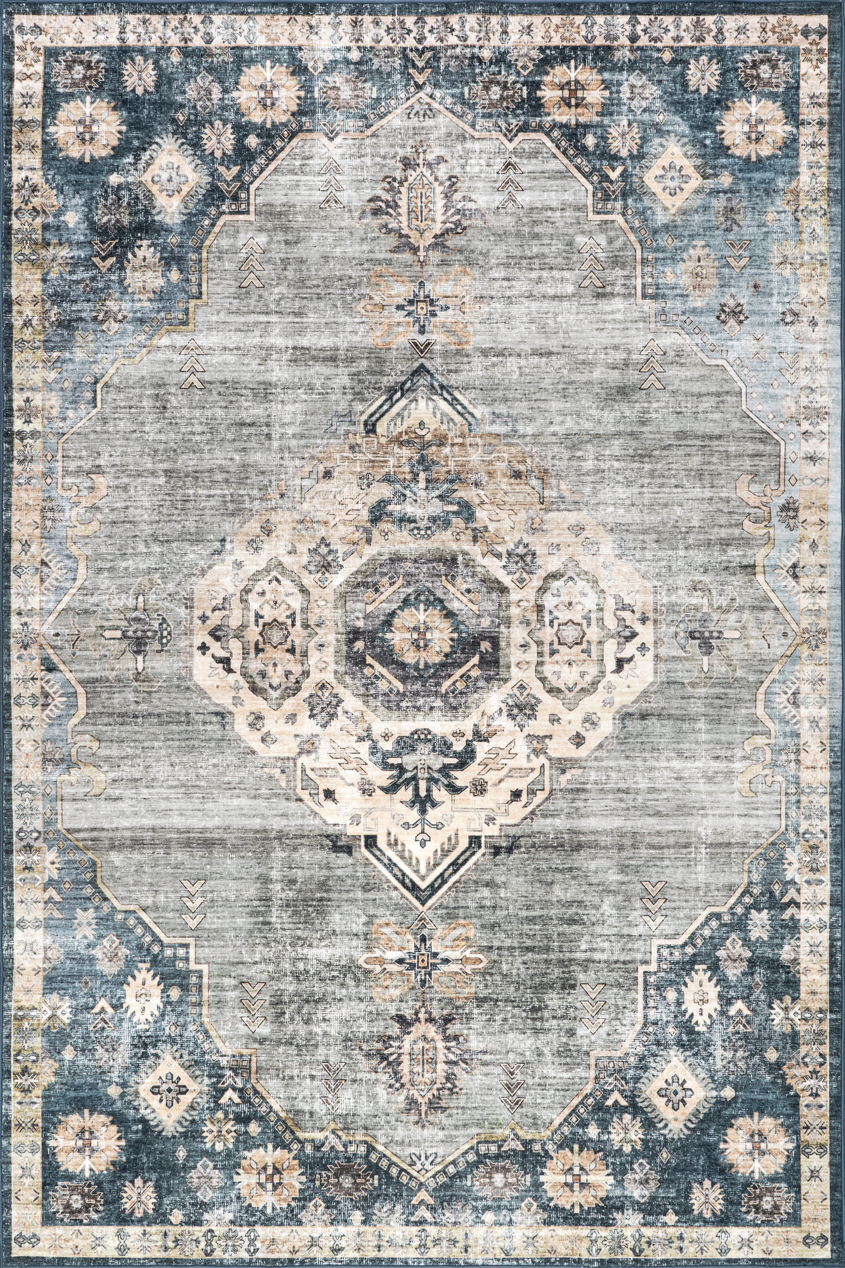 Noor Medallion Spill Proof Washable Rug | Blue