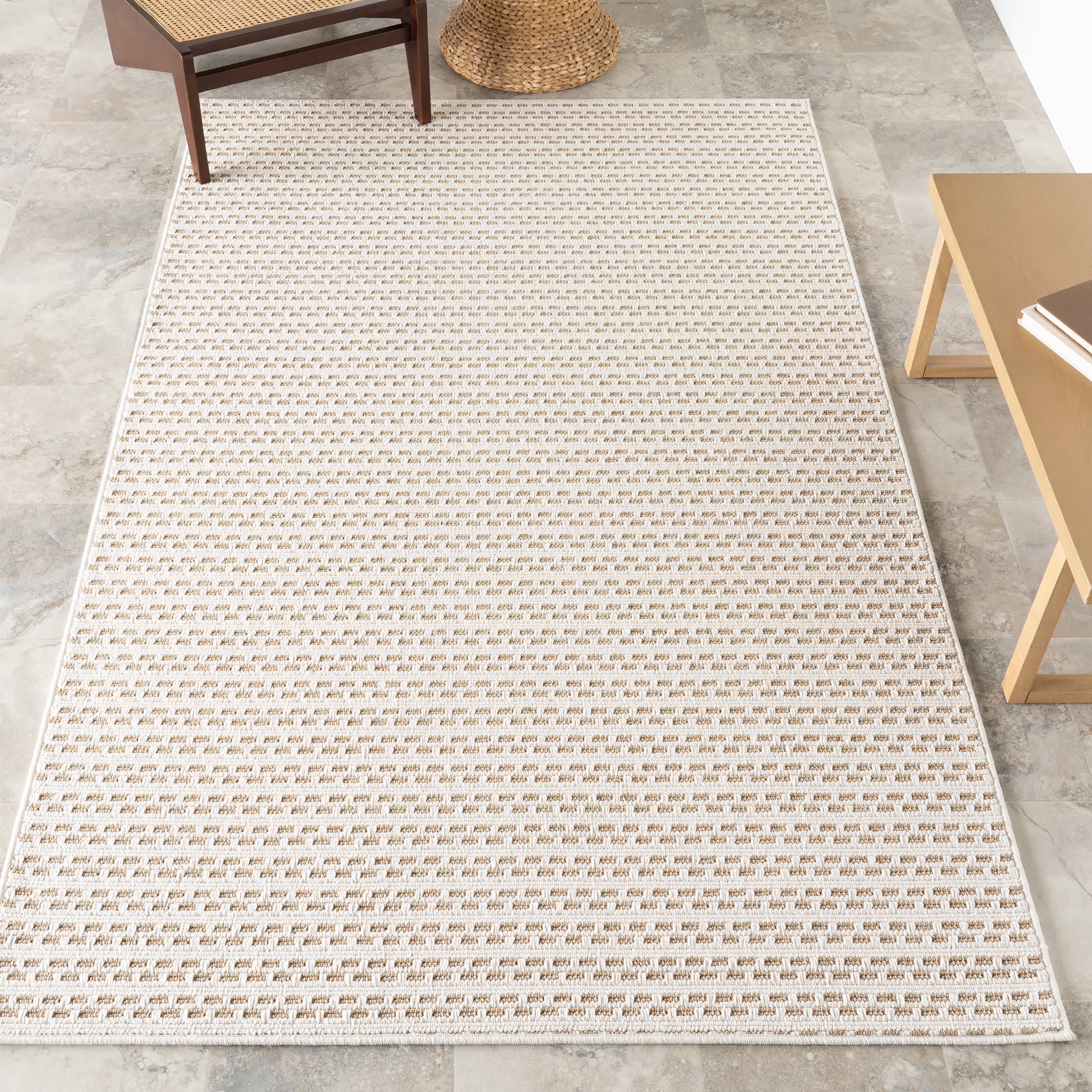 Reyna Checkered Stripes Indoor/Outdoor Rug | Neutral