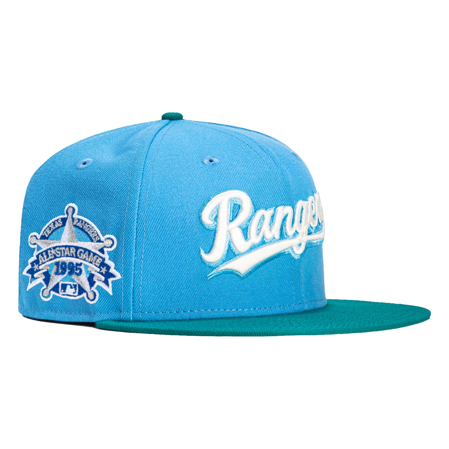 New Era 59Fifty Caribbean Waters Texas Rangers 1995 All Star Game Patch Script Hat - Light Blue, Teal