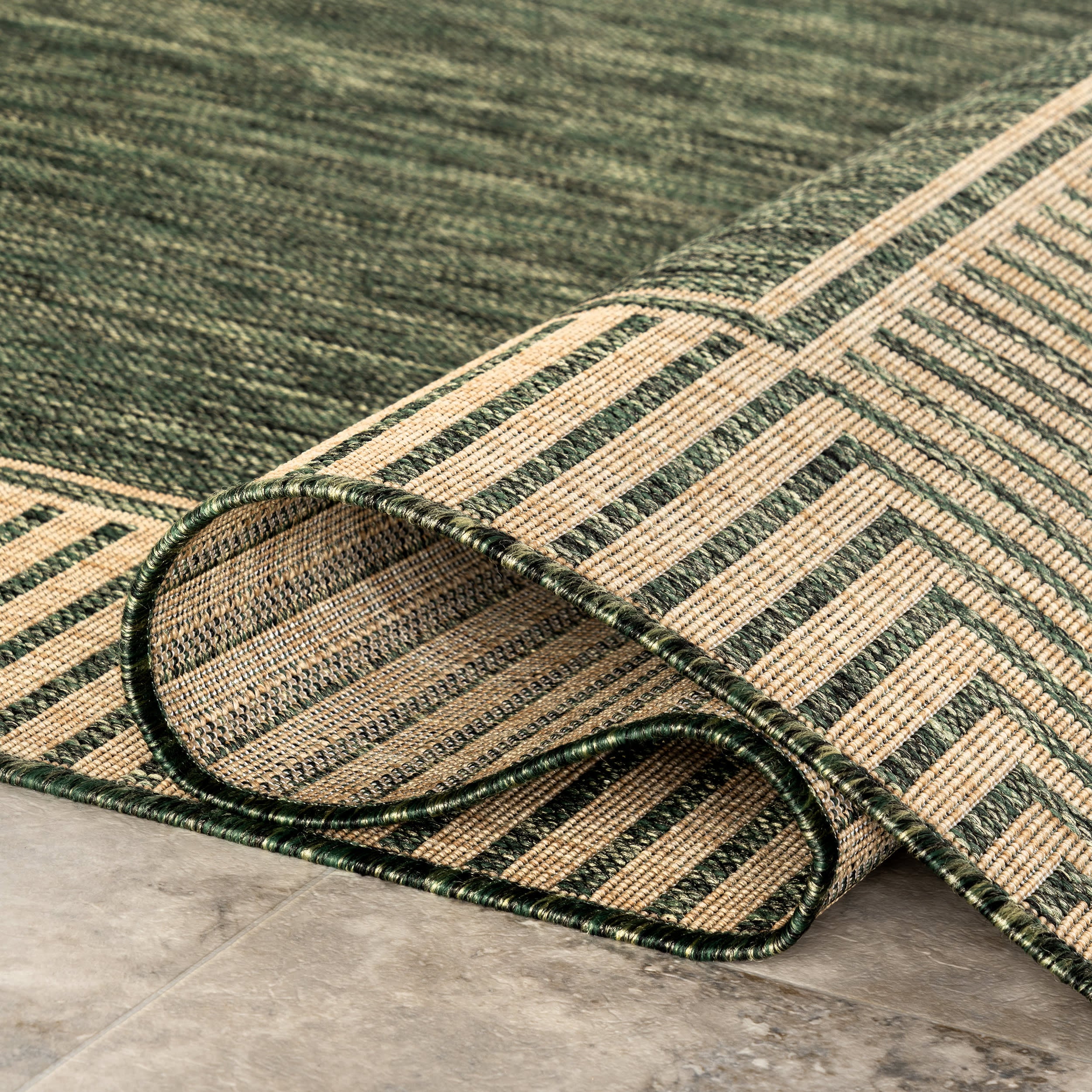 Striped Border Indoor/Outdoor Flatweave Rug | Green