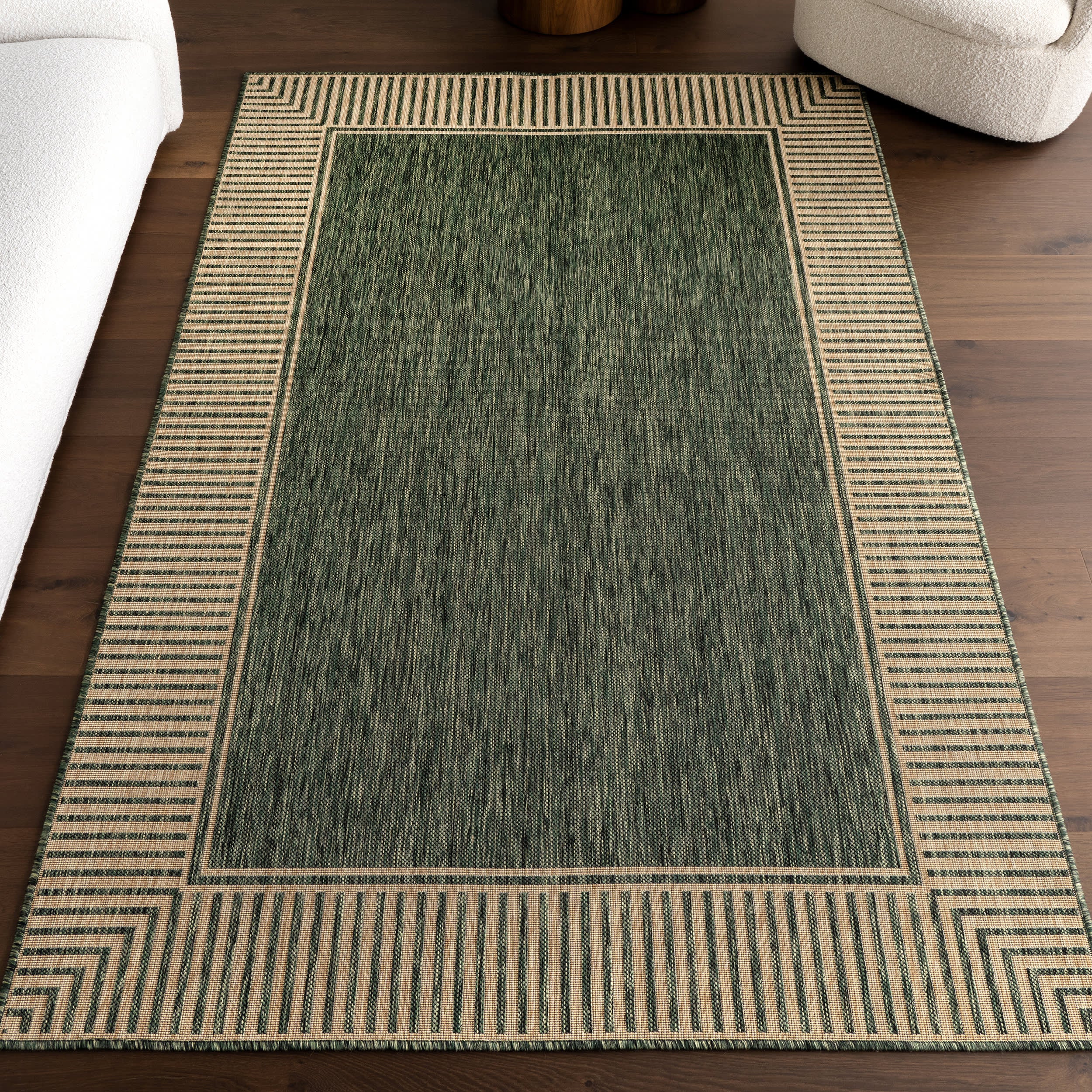 Striped Border Indoor/Outdoor Flatweave Rug | Green