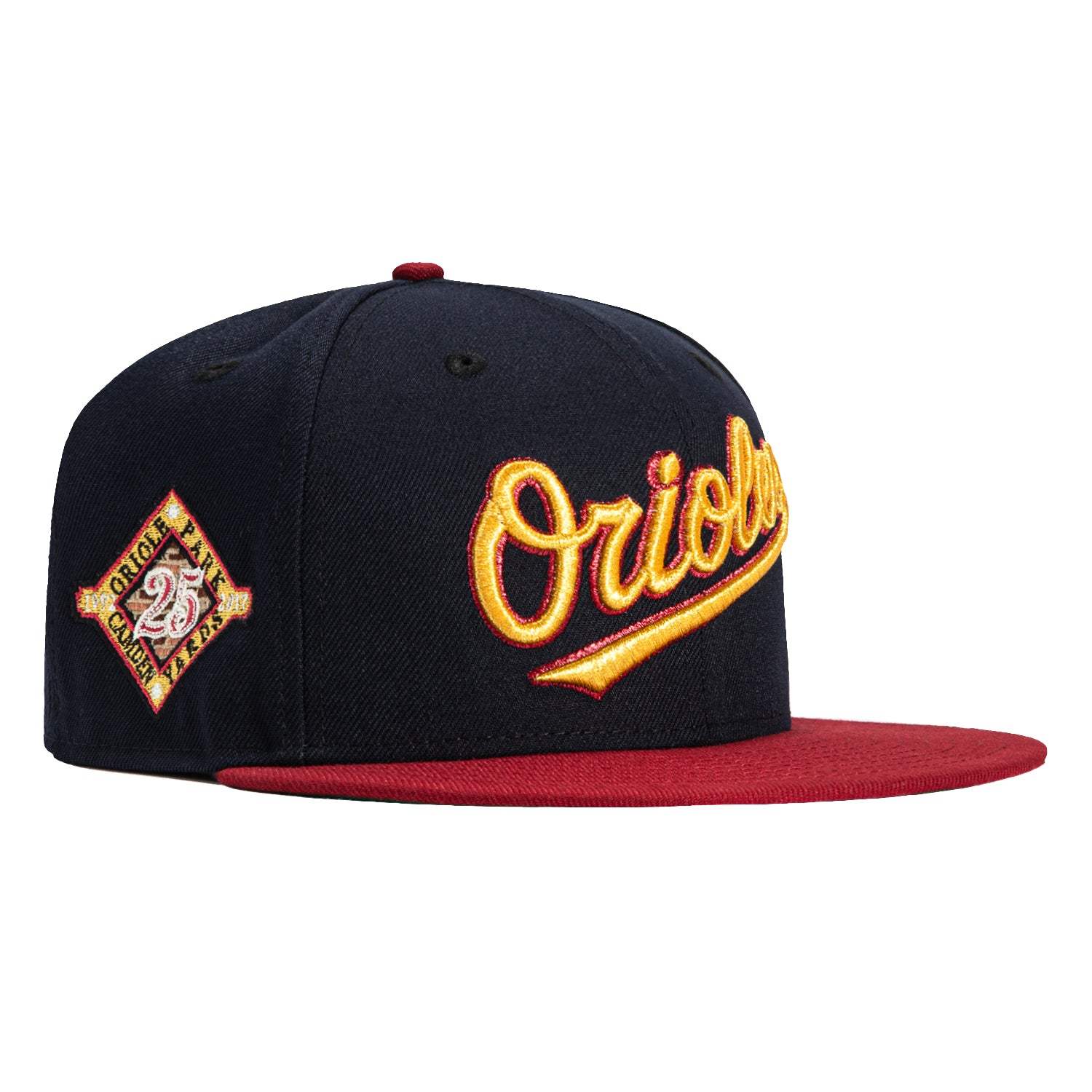 New Era 59Fifty Baltimore Orioles 25th Anniversary Stadium Patch Script Hat - Navy, Red, Metallic Gold