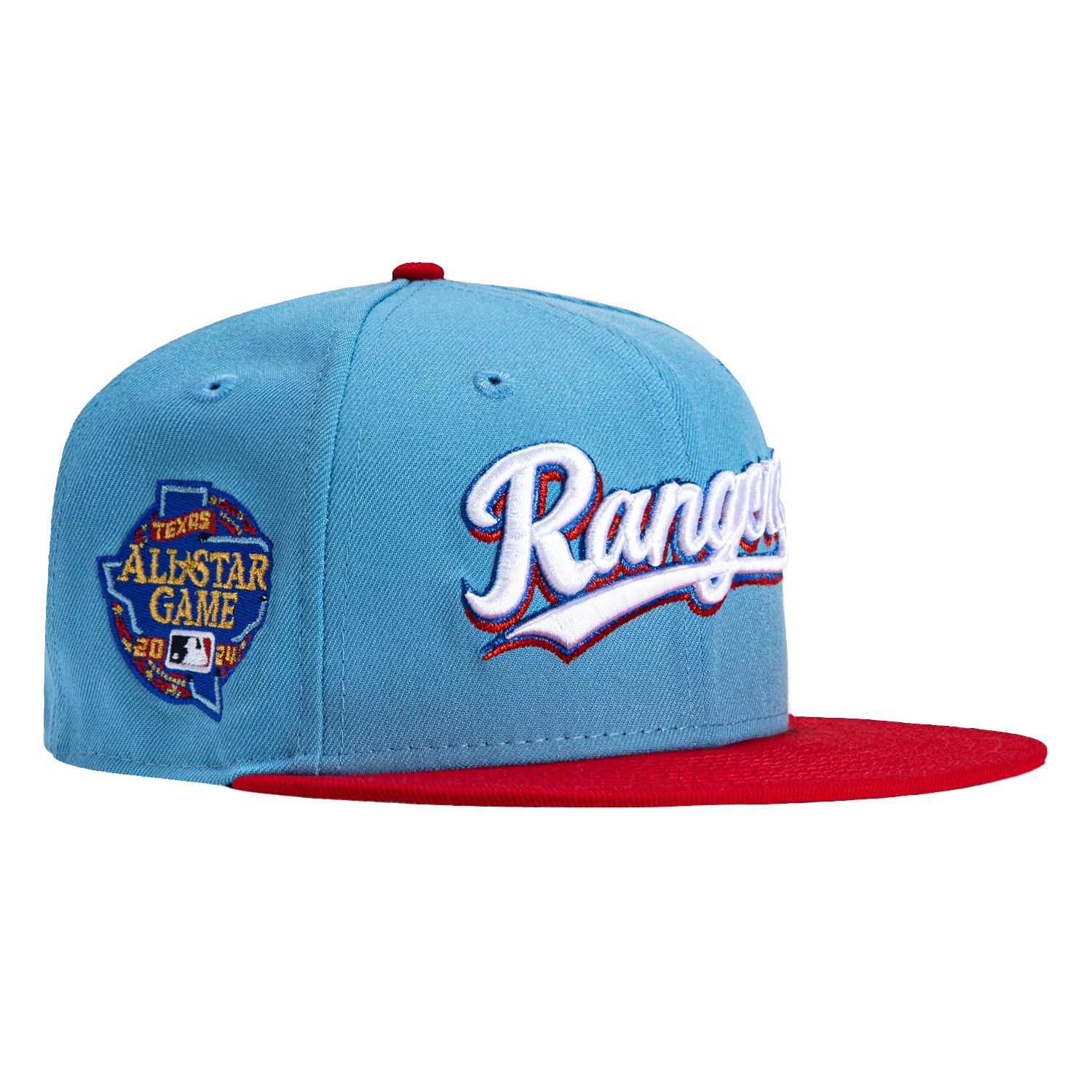 New Era 59Fifty Texas Rangers 2024 All Star Game Patch Script Hat - Light Blue, Red