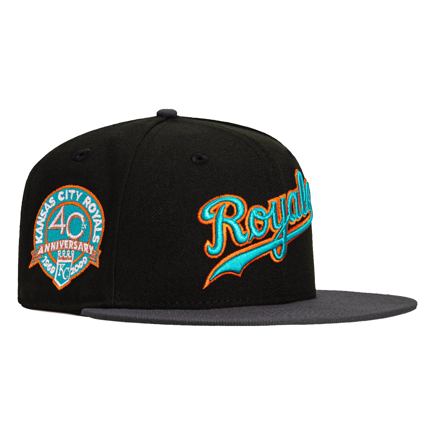 New Era 59Fifty Calle Ocho Kansas City Royals 40th Anniversary Patch Script Hat - Black, Graphite, Teal, Orange