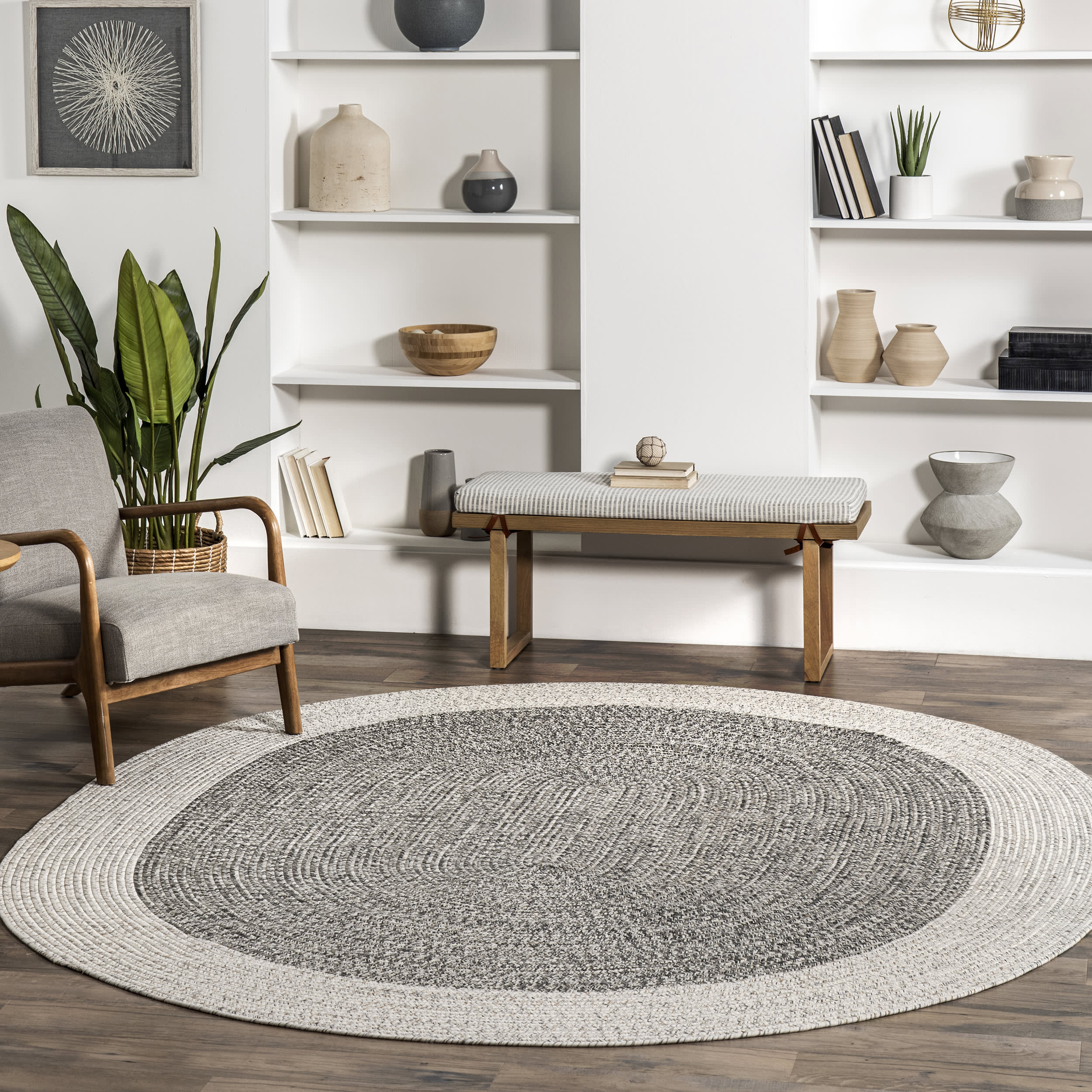 Braided Solid Border Indoor/Outdoor Rug | Grey