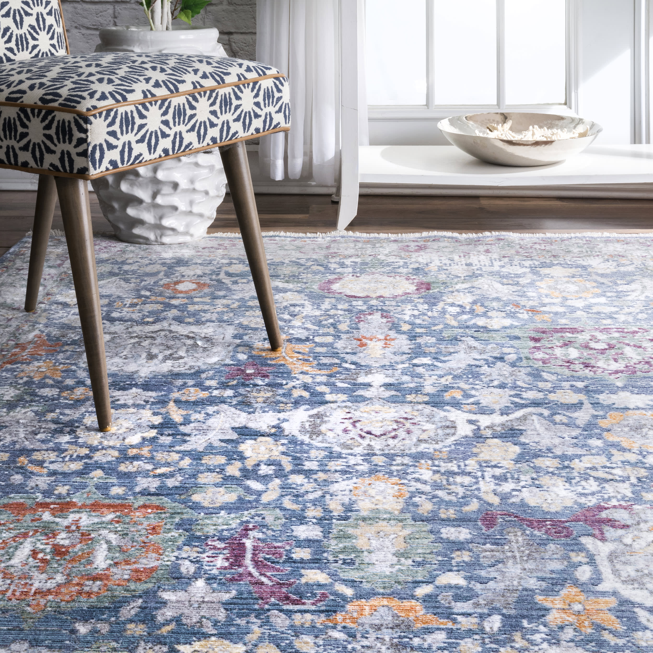 Fading Floral Fringe Rug | Blue