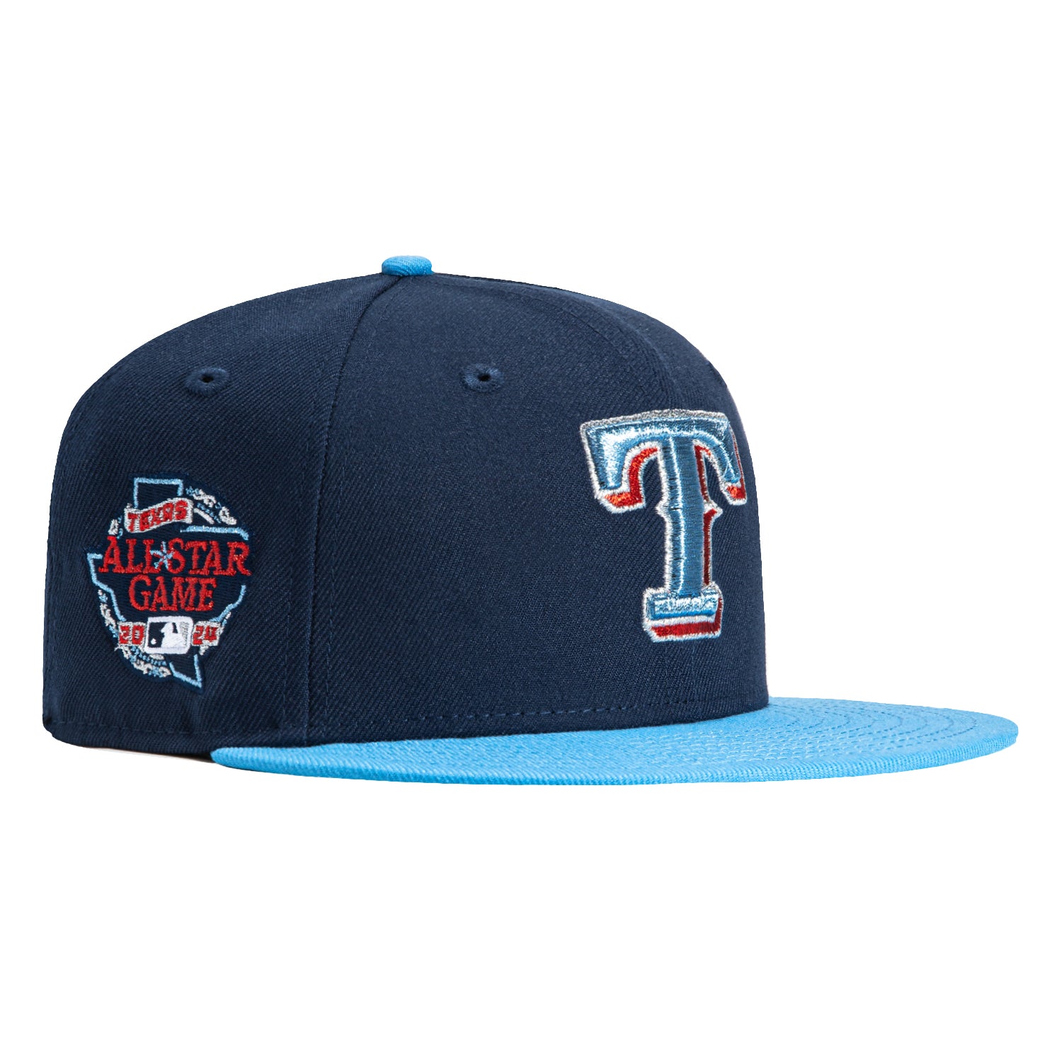 New Era 59Fifty Texas Rangers 2024 All Star Game Patch Hat - Navy, Light Blue, Red, Metallic Silver