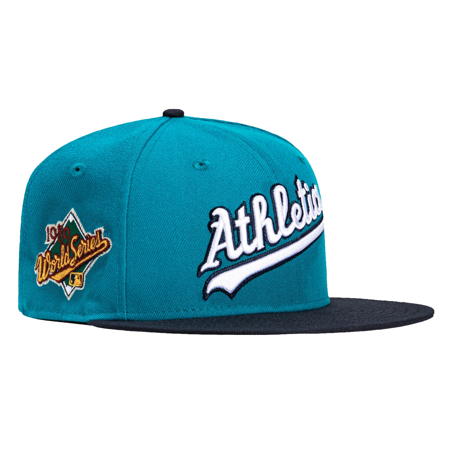 New Era 59Fifty Oakland Athletics 1989 World Series Patch Script Hat - Teal, Navy