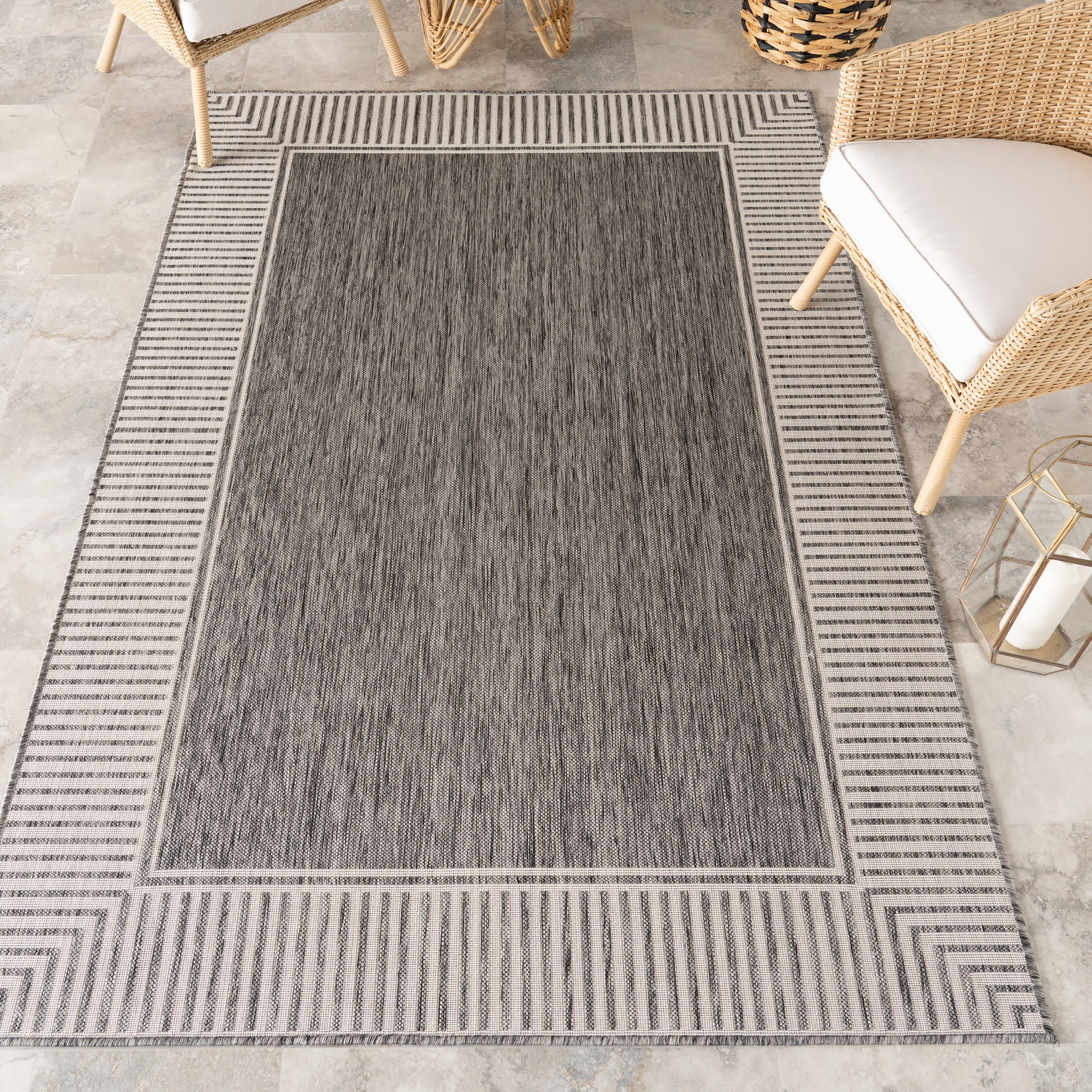 Striped Border Indoor/Outdoor Flatweave Rug | Grey