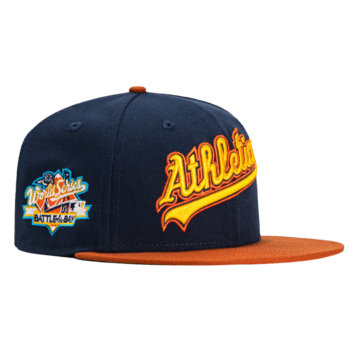 New Era 59Fifty Oakland Athletics Battle of the Bay Patch Script Hat - Navy, Burnt Orange, Gold