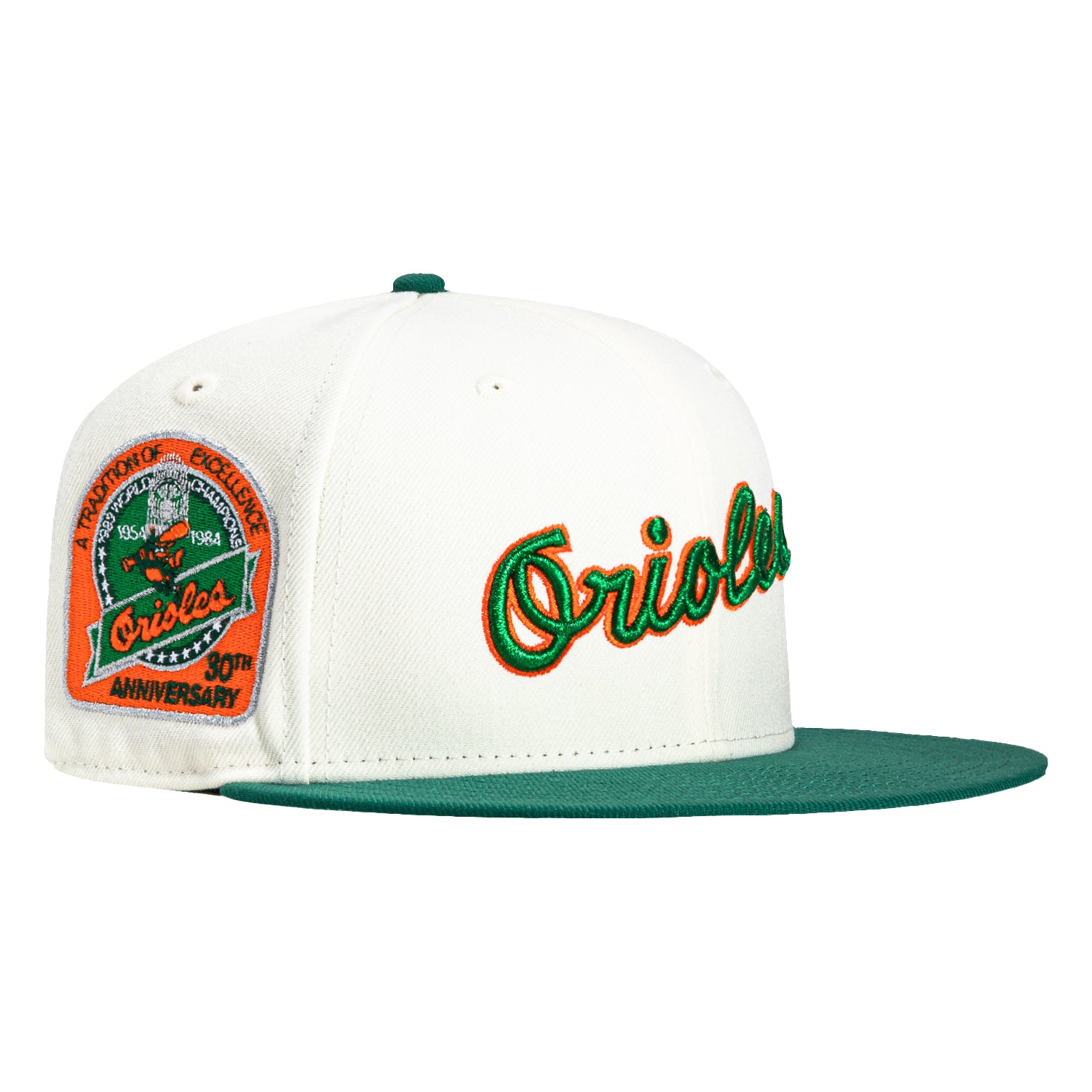 New Era 59Fifty Calle Ocho Baltimore Orioles 30th Anniversary Champions Patch Script Hat - White, Green, Orange