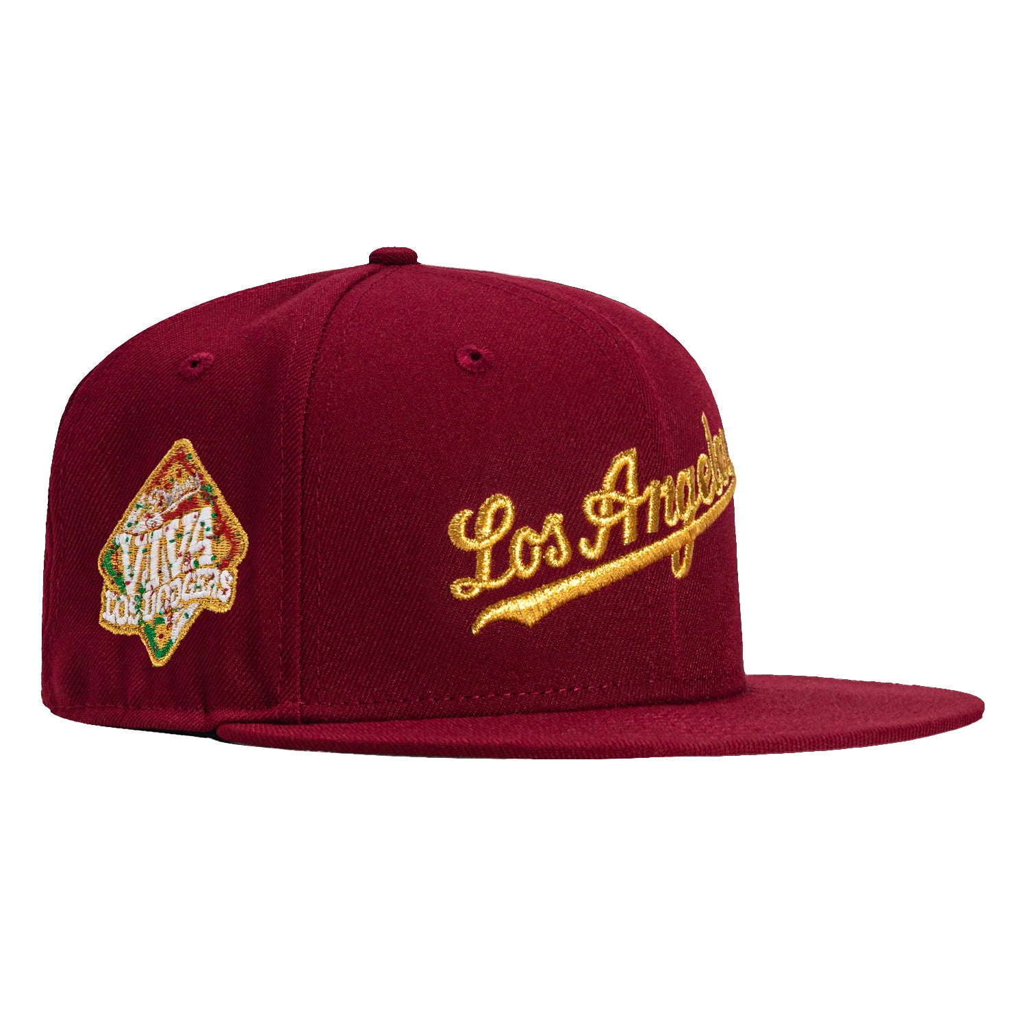 New Era 59Fifty Hispanic Los Angeles Dodgers Viva Los Dodgers Patch Script Hat - Cardinal, Metallic Gold