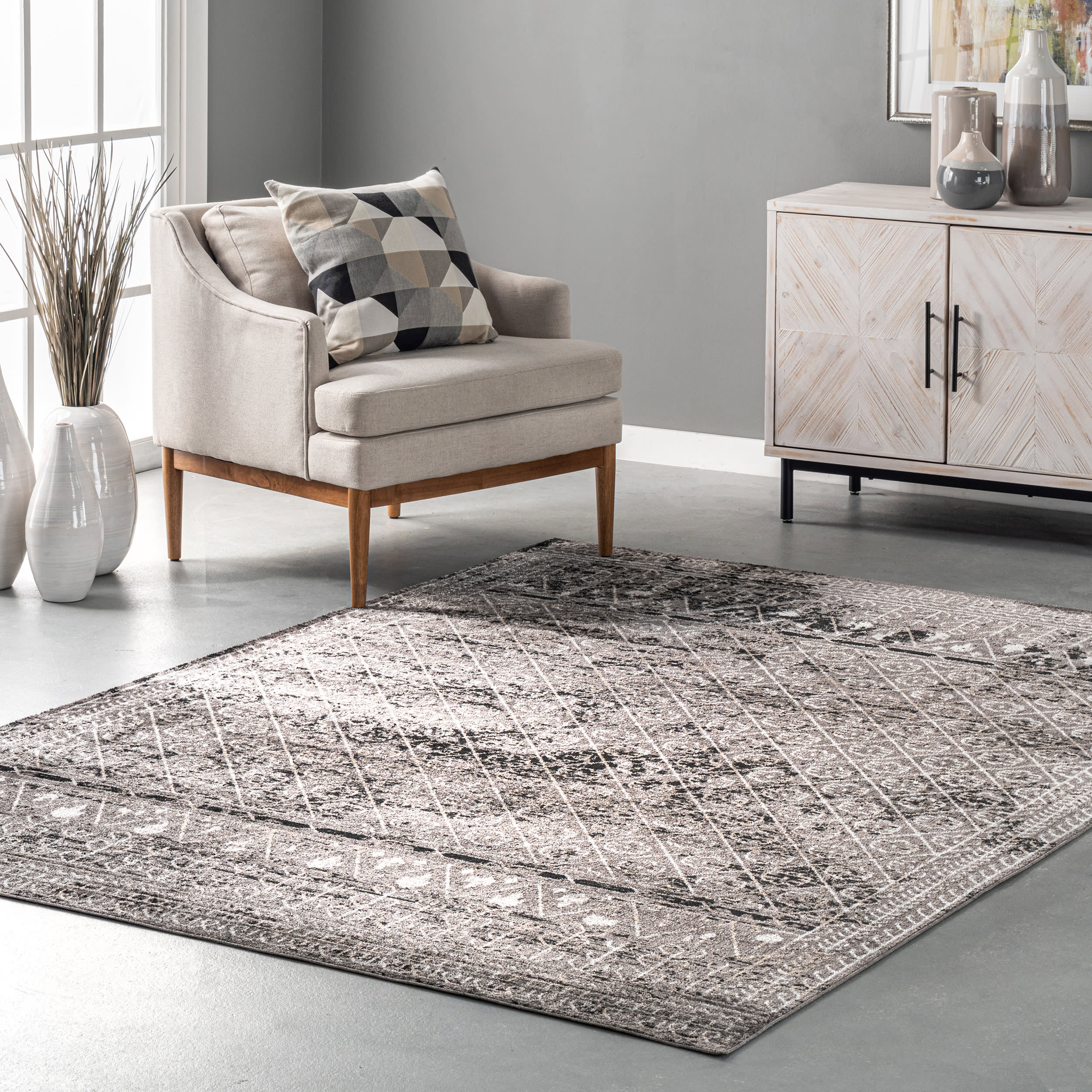 Aida Washable Stencil Rug | Dark Grey