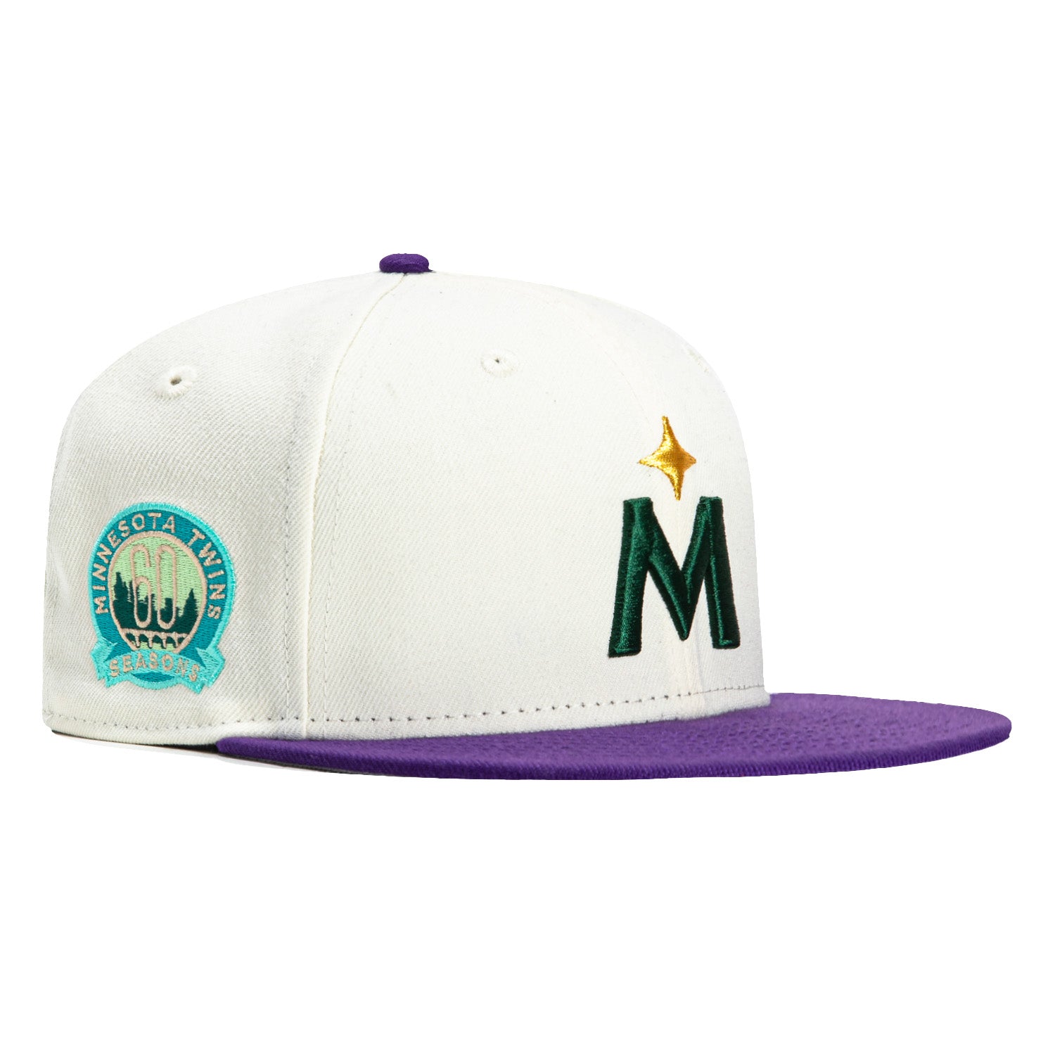 New Era 59Fifty Sinister Pack Minnesota Twins 60th Anniversary Patch Road Hat - White, Purple, Green